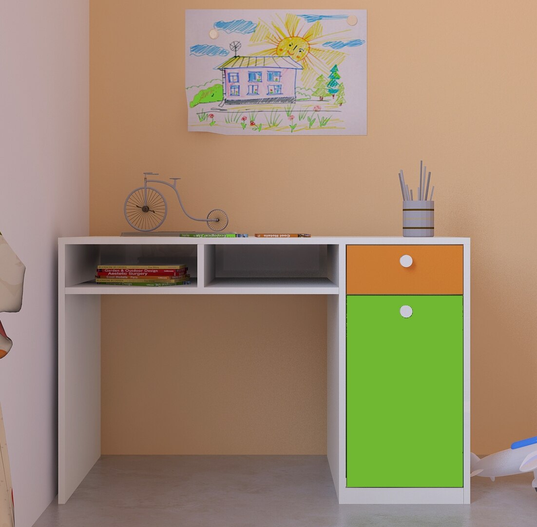 Alana Study Desk with Cabinet Drawer and Shelf in Light Orange Verdant Green Colour