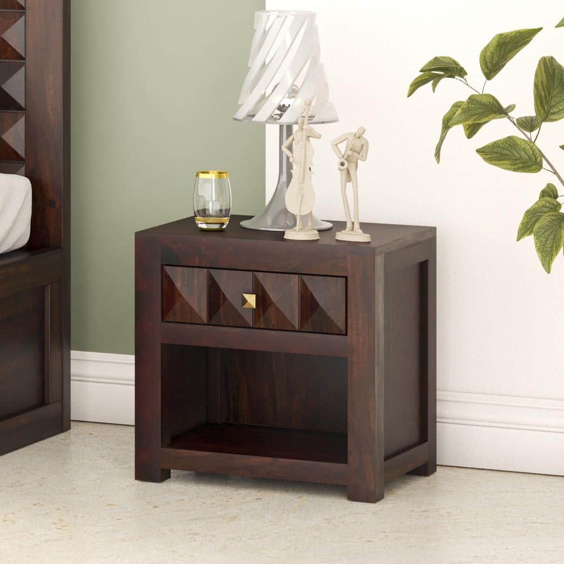 Diamond Solid Wood Bed Side In Walnut Finsh