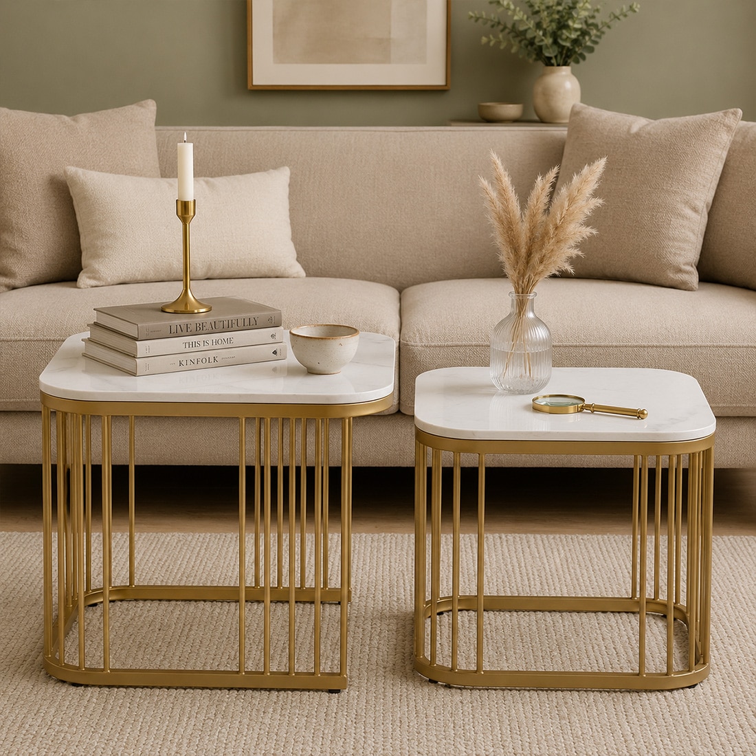 Metallive Square Metal Nesting Coffee Table Set Gold Finish White Porcelain Top Set Of 2 - Bhavya Exports