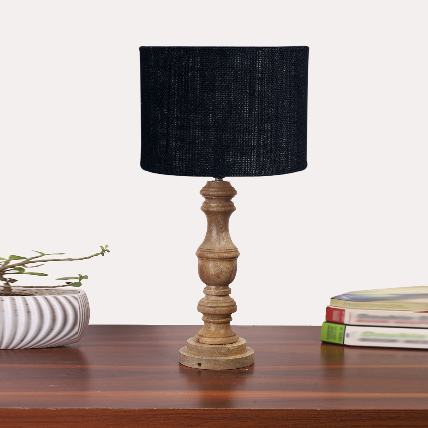 Devansh Black  Jute   Table Lamp With  Wood Natural Base (7X17.5 Inches)-17
