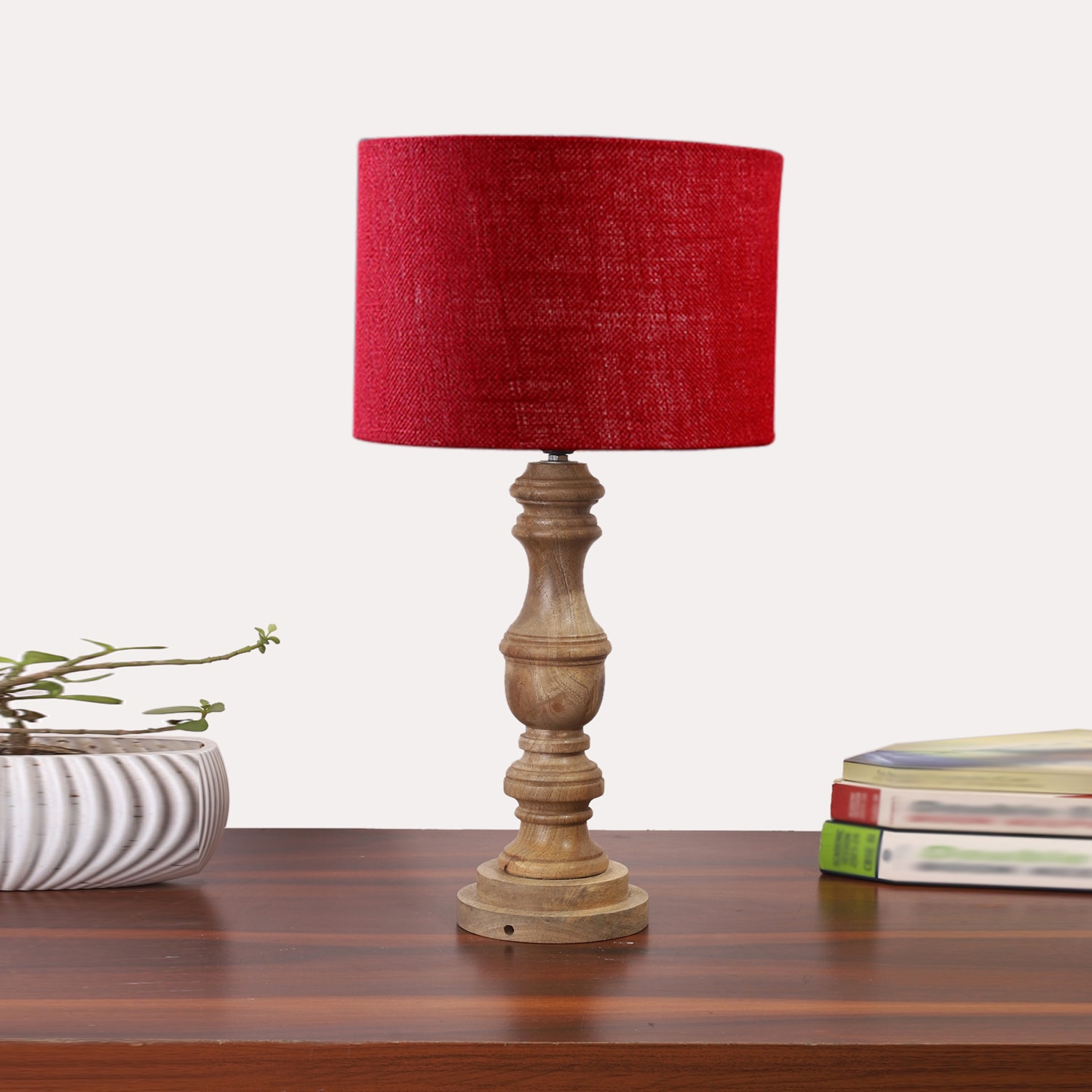 Devansh Maroon Jute Table Lamp With G Wood Natural Base -(7X17.5 Inches)-12
