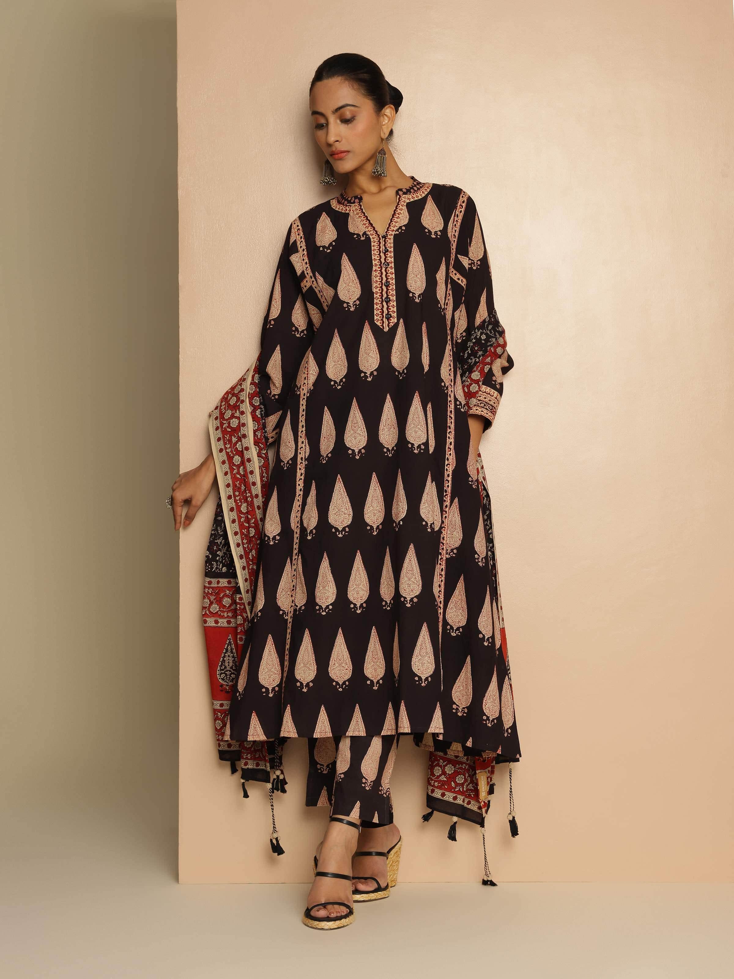 Black Cotton Bagru Block Printed Straight Pants