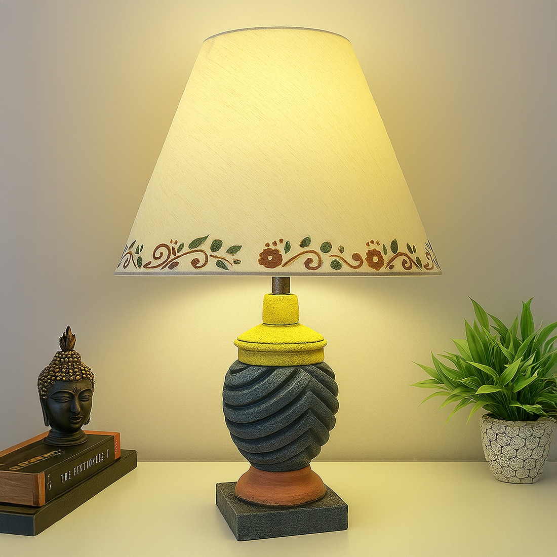 Multicolour Handpainted And Hancarved Distress Wooden Table Lamp - Disoo Fashions