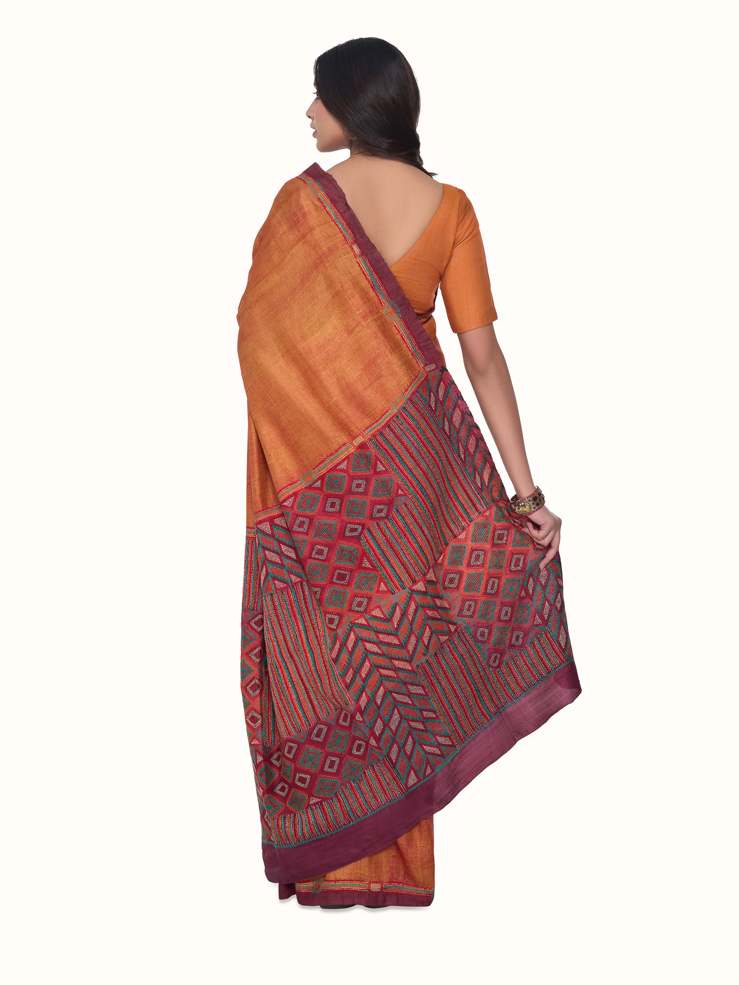 Rustorange Tussar Silk Discharge Block Kantha Embroidered Saree