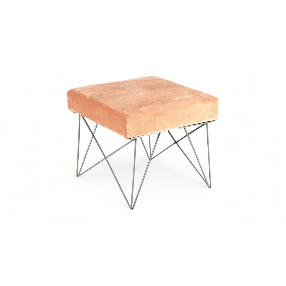 Asansol Sheesham Wood Accent Square Stool     in Melon Pink Cotton Velvet Upholstery