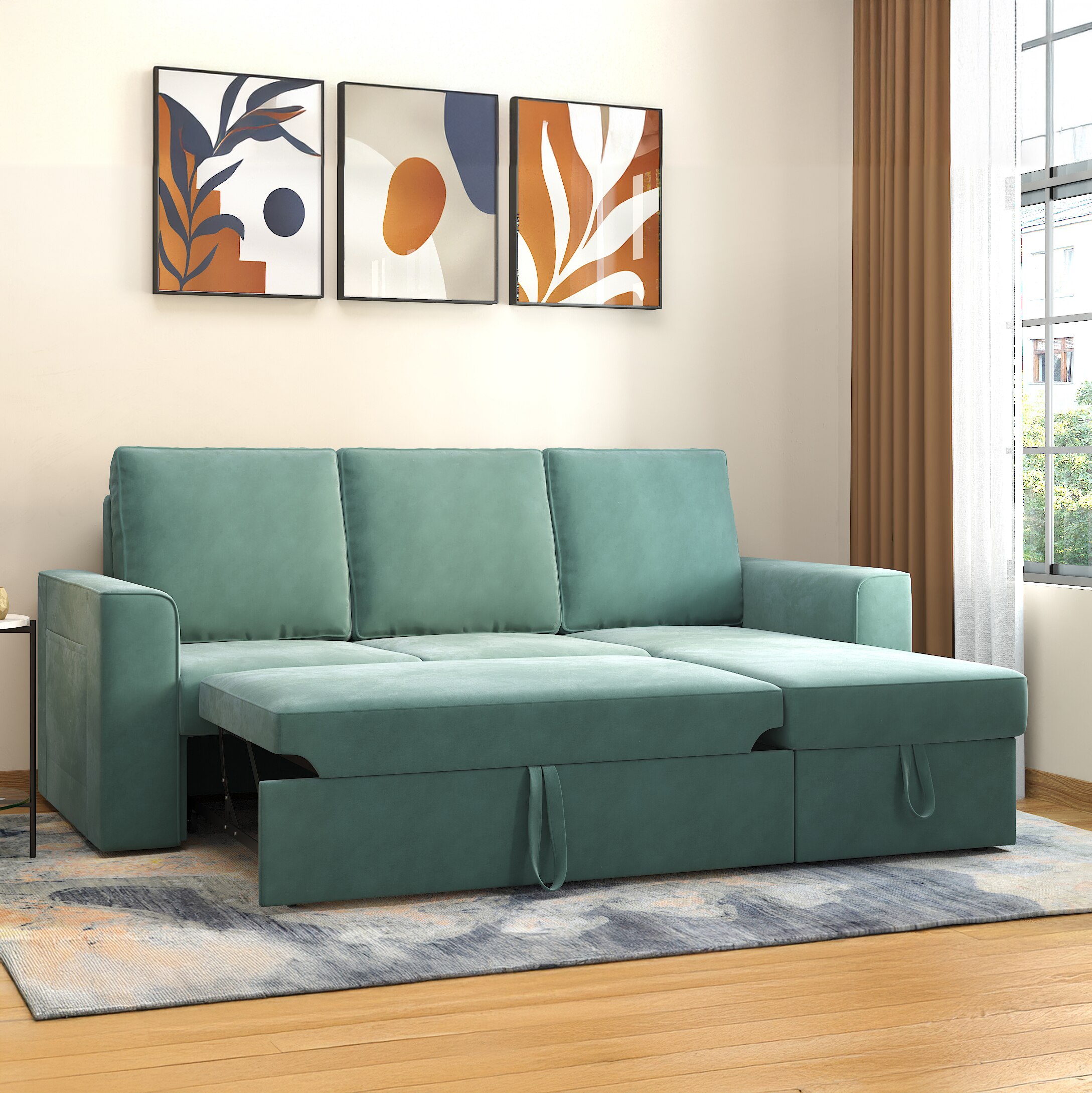 Kowloon Sectional Sofa Cum Bed with Storage in Dusty Turquiose Velvet