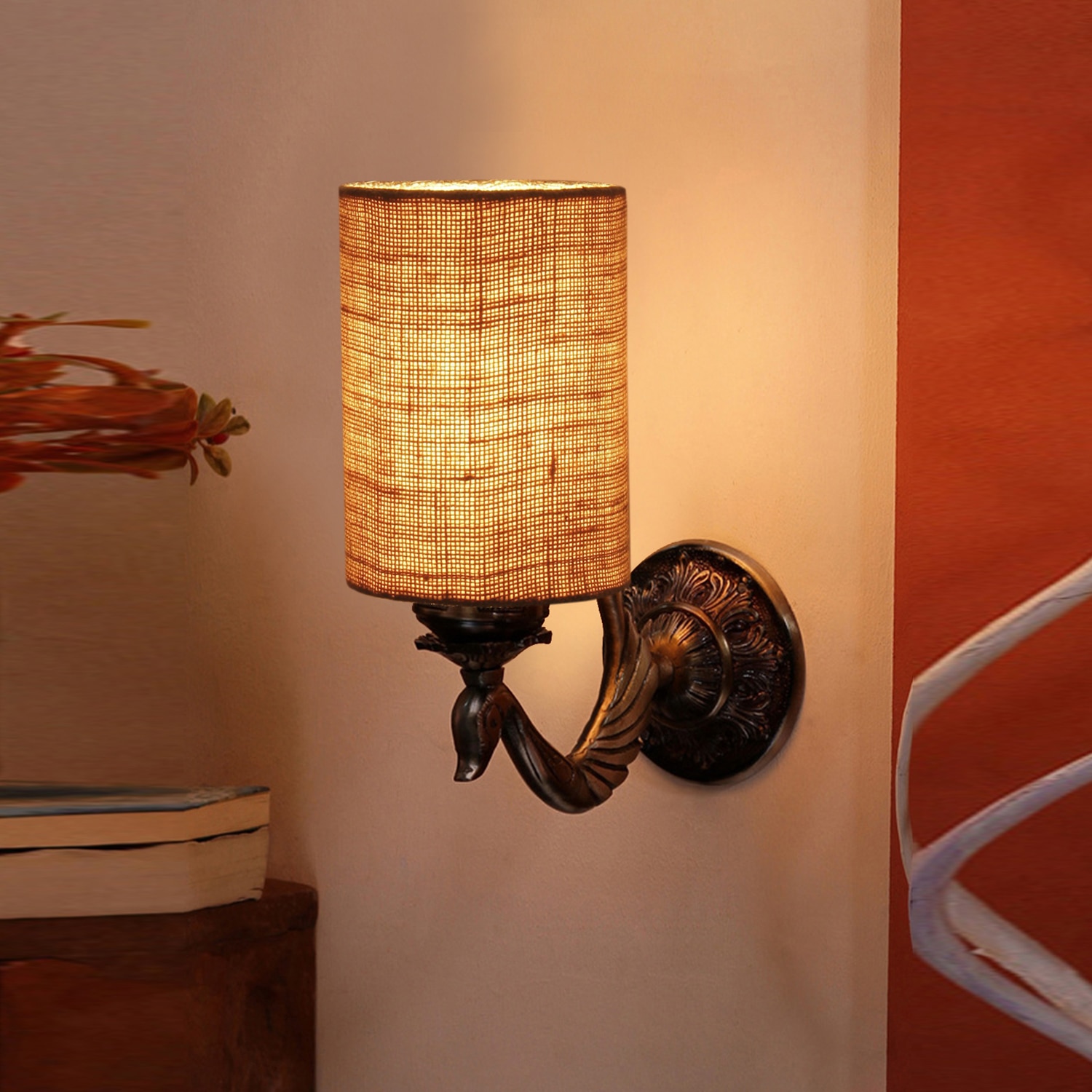 Devansh Metal Electric Wall Light in Antique Gold Colour with Beige Shade Count of 1 Light - Devansh