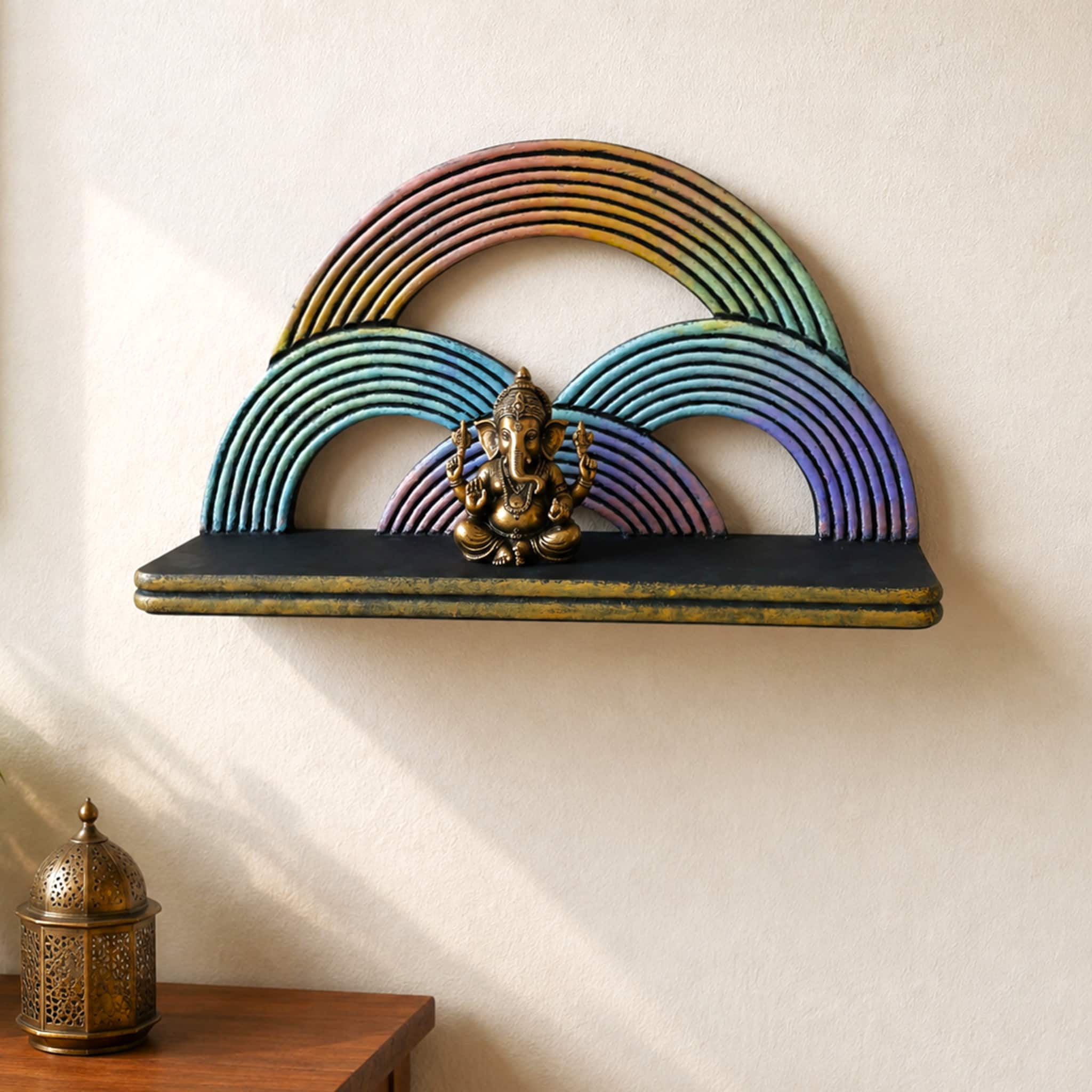 Multishade Colour Solid Wood Handcarved Indradhanush Floating Wall Shelf with distres finish by DisooFashions - Disoo Fashions