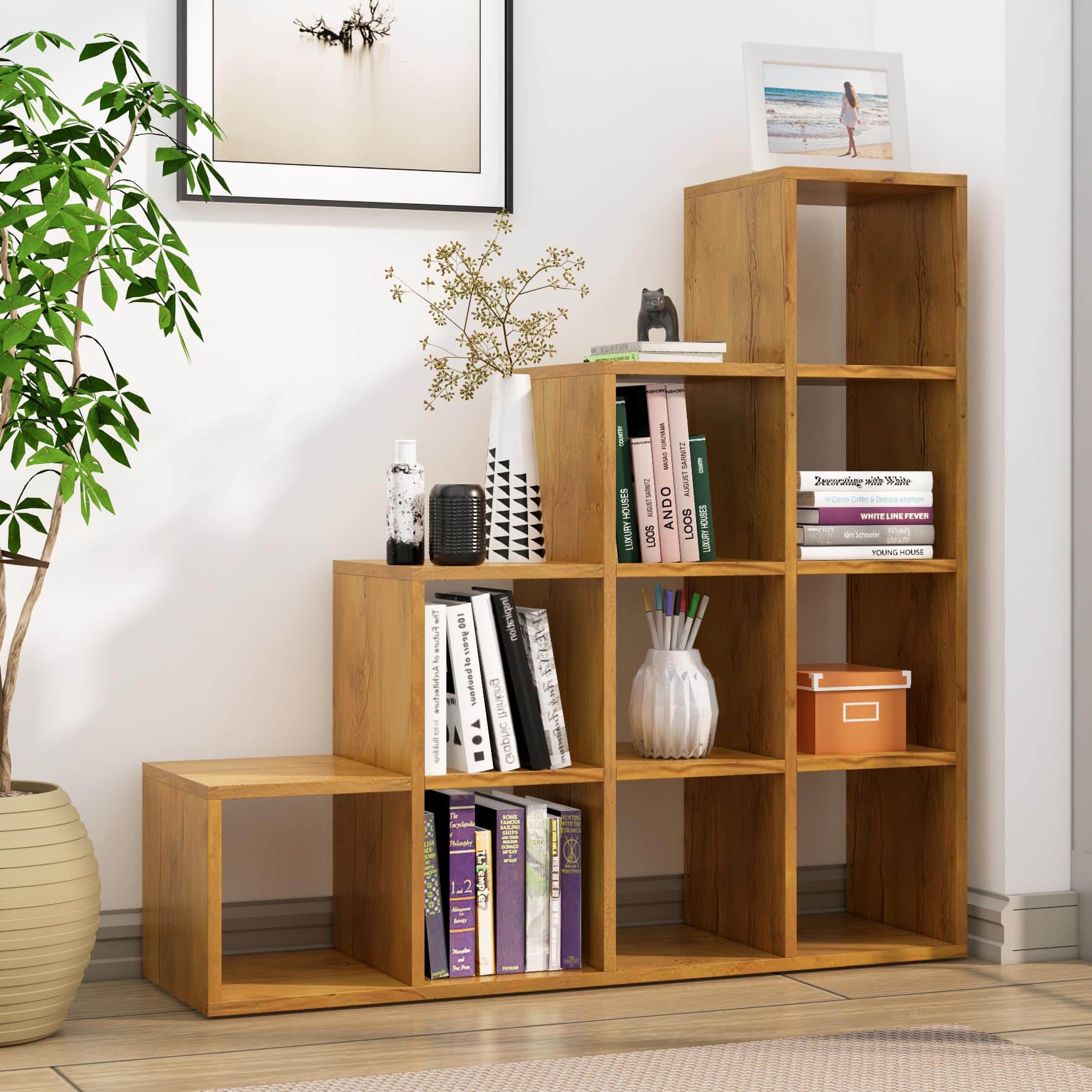 Hexa Engineered Wood Bookshelf Multipurpose Storage Rack in Giant Wood Colour - HexaRed
