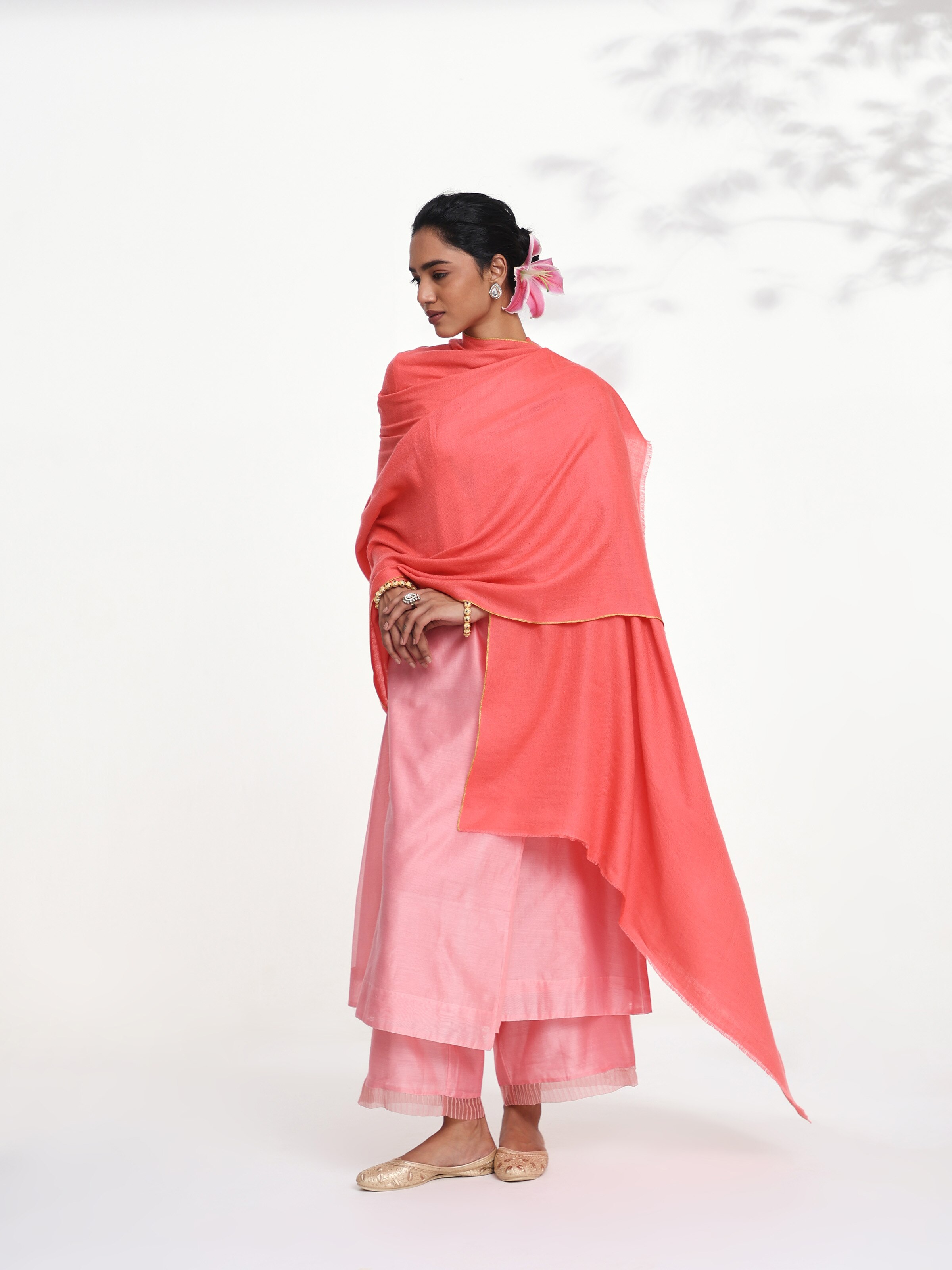 Coral Cashmere Kaaj Embroidered Handwoven Stole