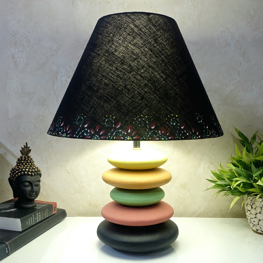 Multicolour Handpainted And Hancarved Distress Wooden Stone Finish Table Lamp