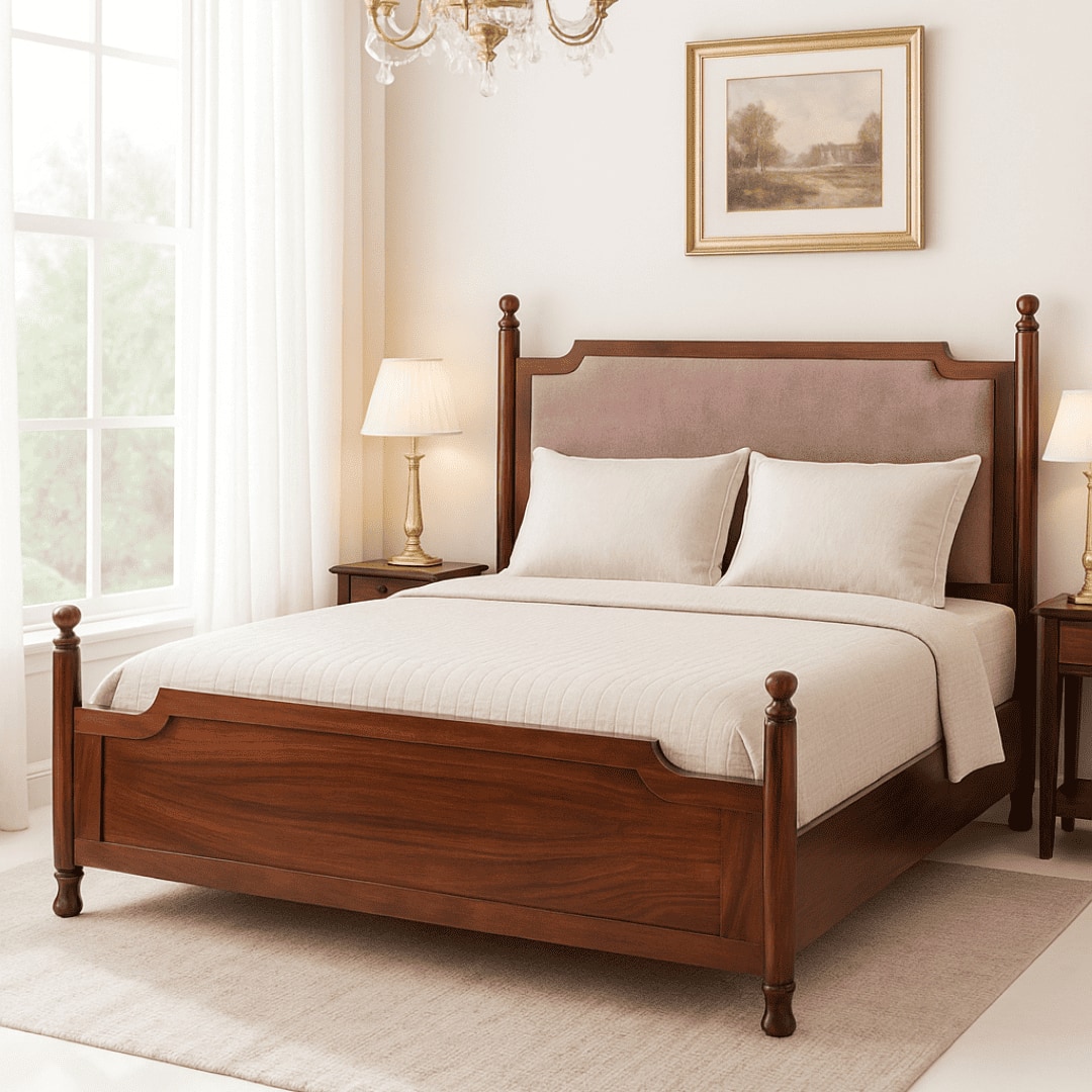 Camille Solid Wood Box Storage Queen Bed in Provincial Teak Finish with Pink Colour