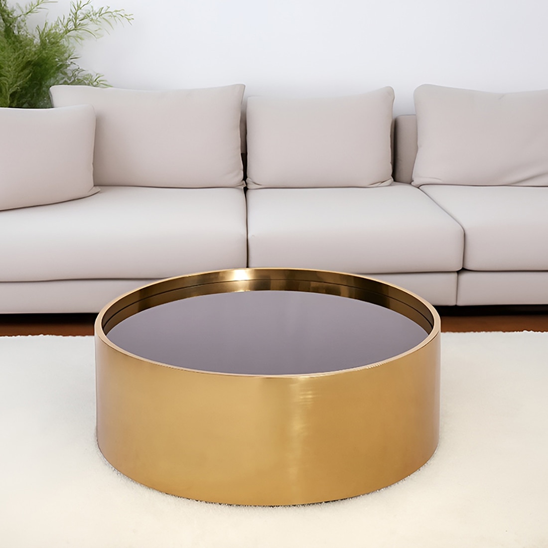 Ridgor Round Coffee Table In Golden Leafing With Glass Top
