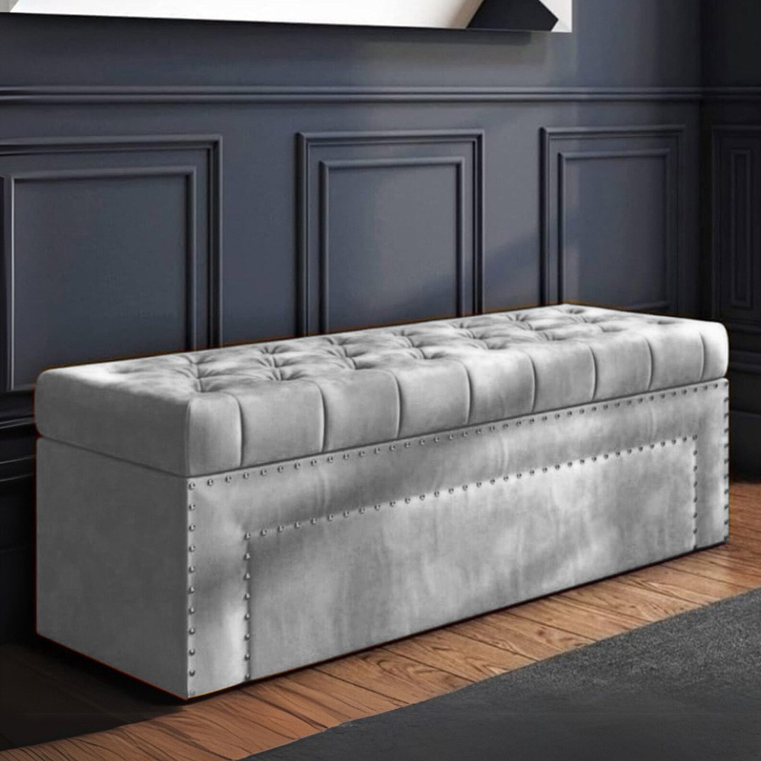 Edin Velvet 2 Seater Upholstered Bench with Storage Grey Colour - Home Lifestylez