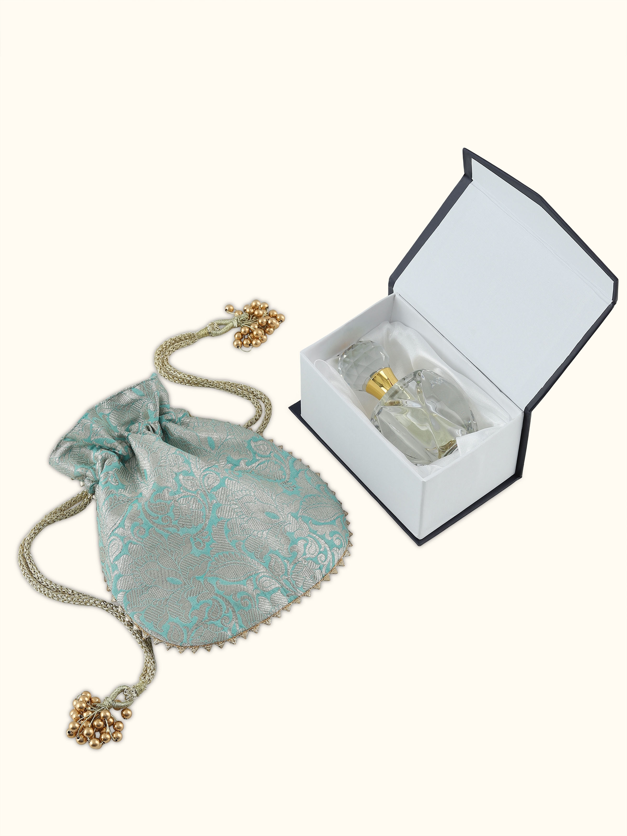 Overhead view of Attar Mogra attar bottle, showcasing its luxurious design and traditional appeal