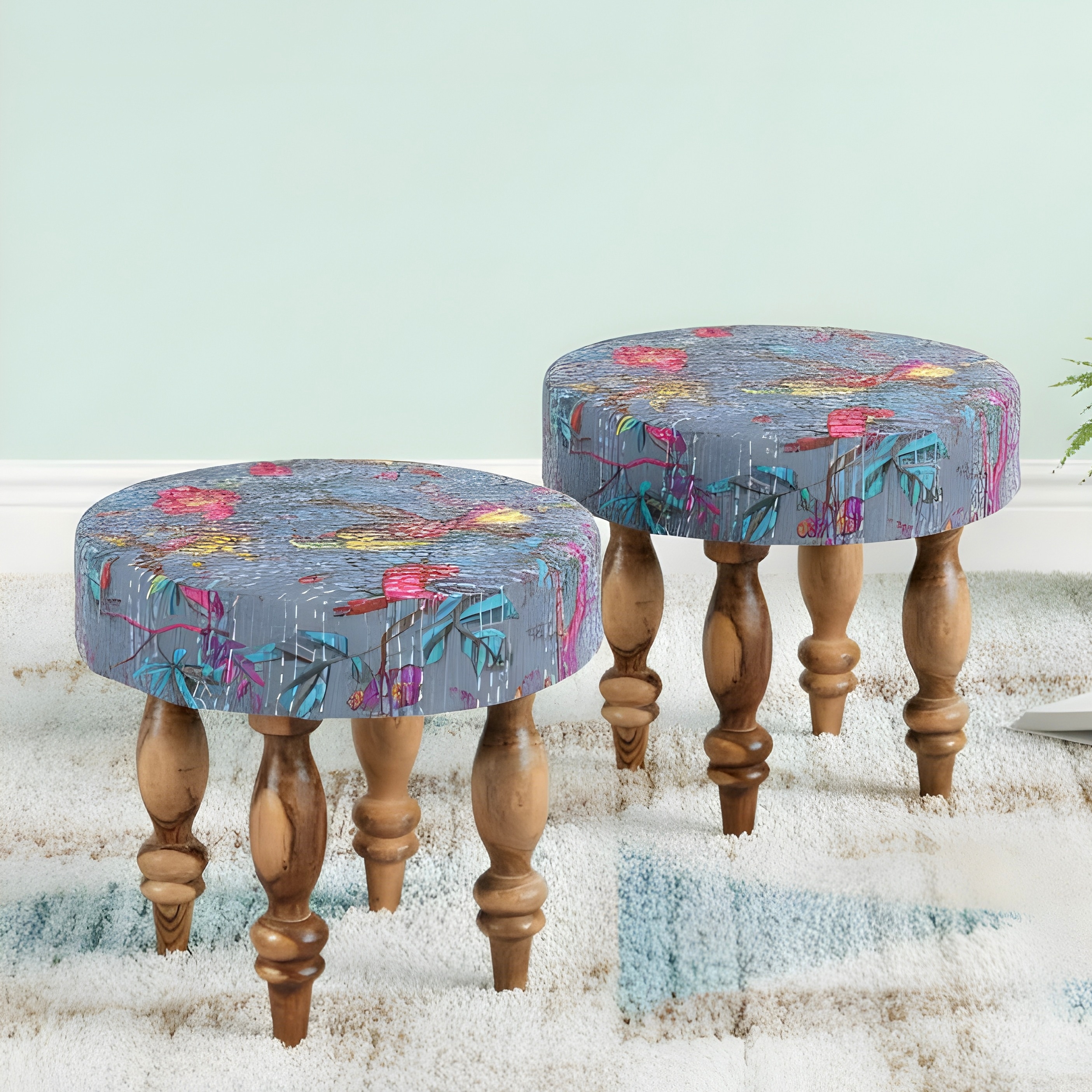 Roswell Sheesham Wood Mid Century Round Set of 2 Stools in Grey Brid Print Kantha Upholstery