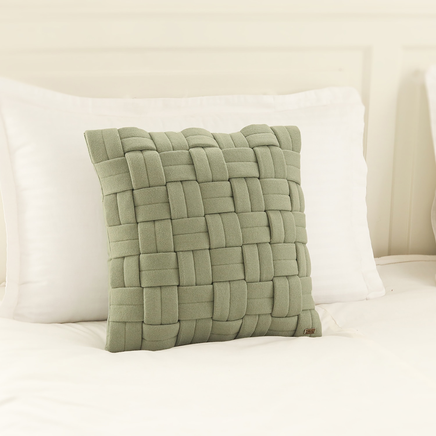 Basket Knit Pistachio Green Cotton Cushion Cover 16X16 Inches - Pluchi