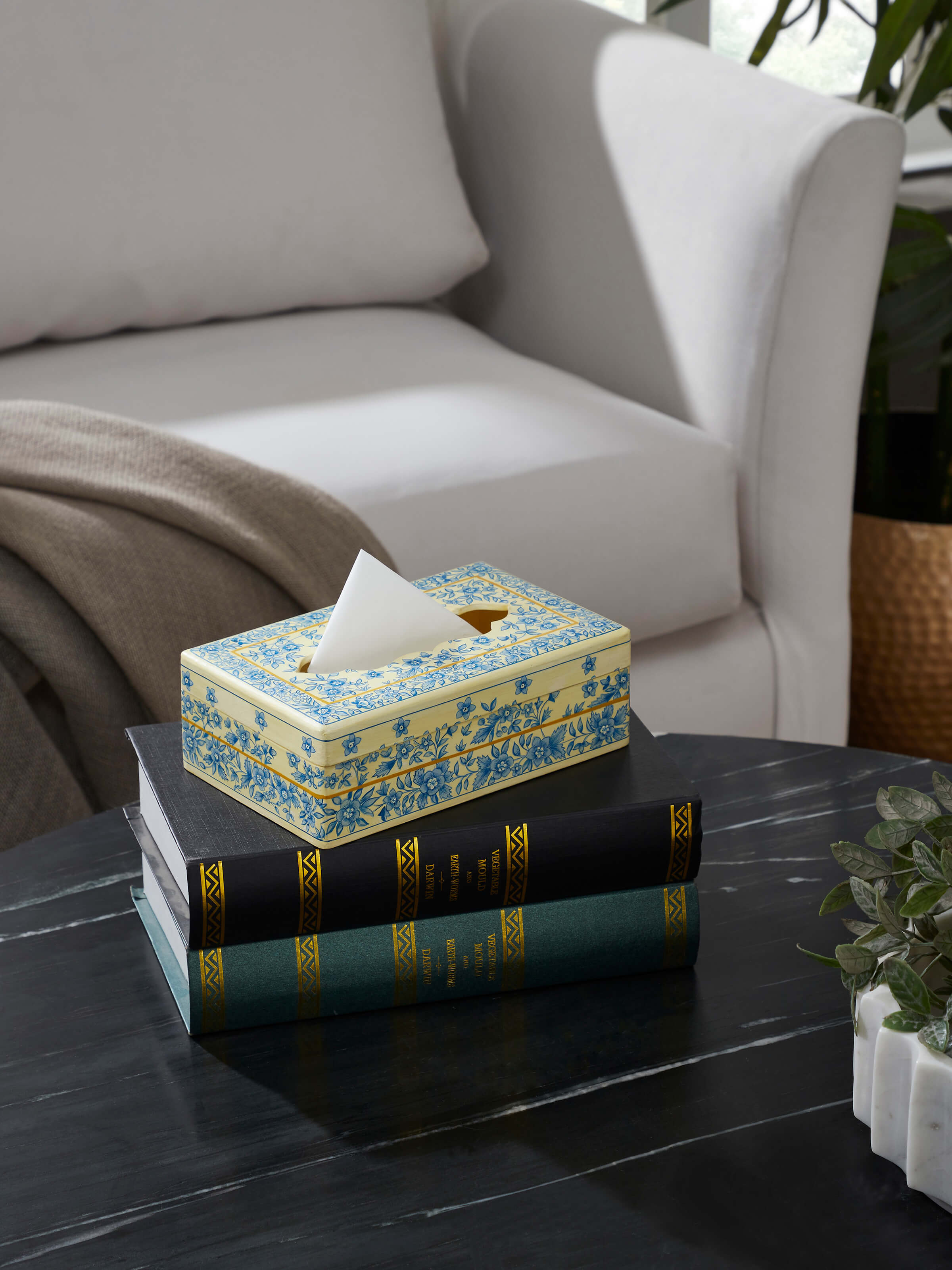 Side view of white Papier-mache & Wood Tissue Box from Swadesh highlighting its detailed texture and fine finish