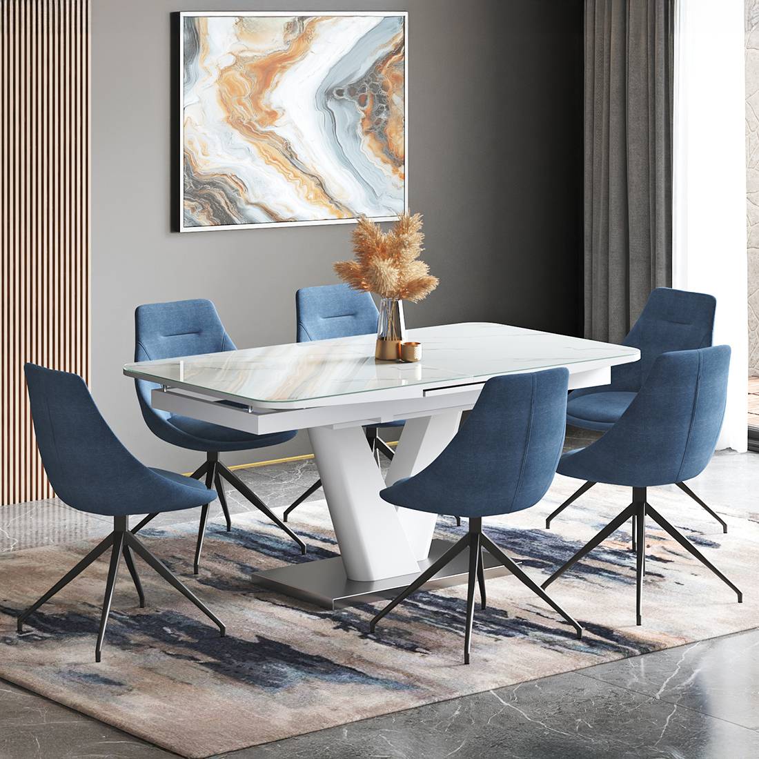 Caribu 6 To 8 Extendable Dining Table With 6 Doris Swivel Accent Chairs (Chair Colour- Blue, Finish- White High Gloss)