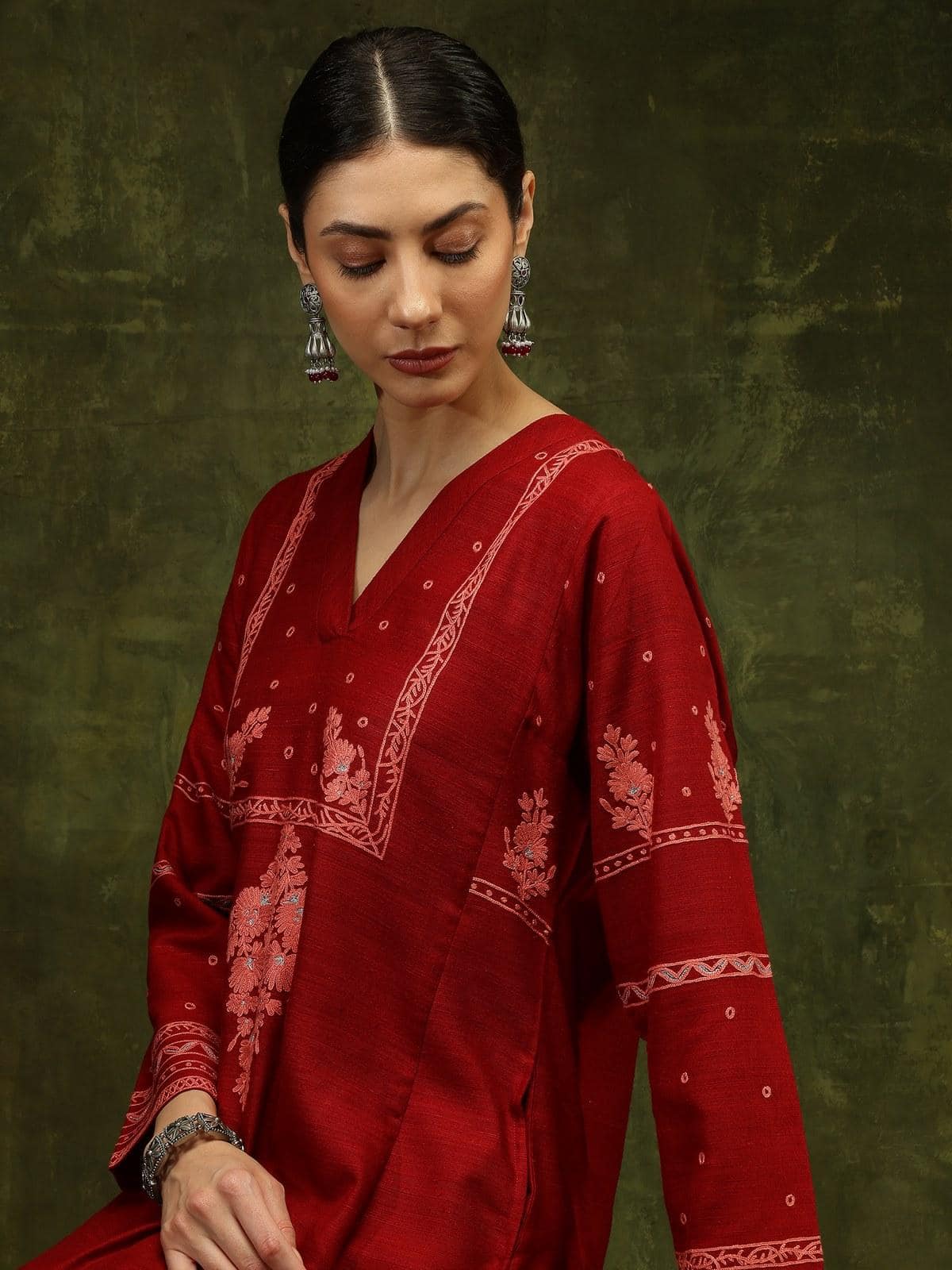 Maroon Silk Crewel Embroidered Kurta