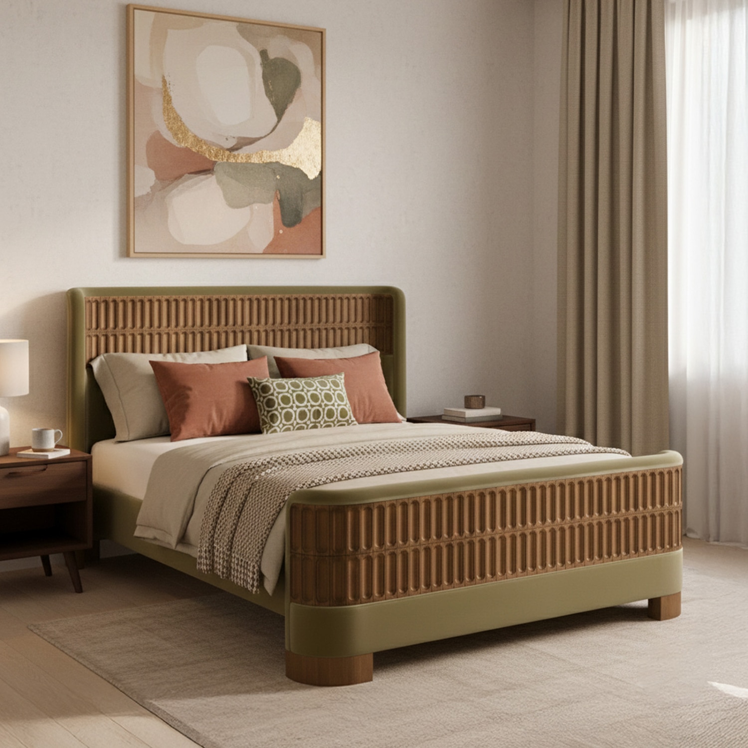 Heritage Cane Upholstered King Size Bed in Linen With Oak wood Frame - Nestroots