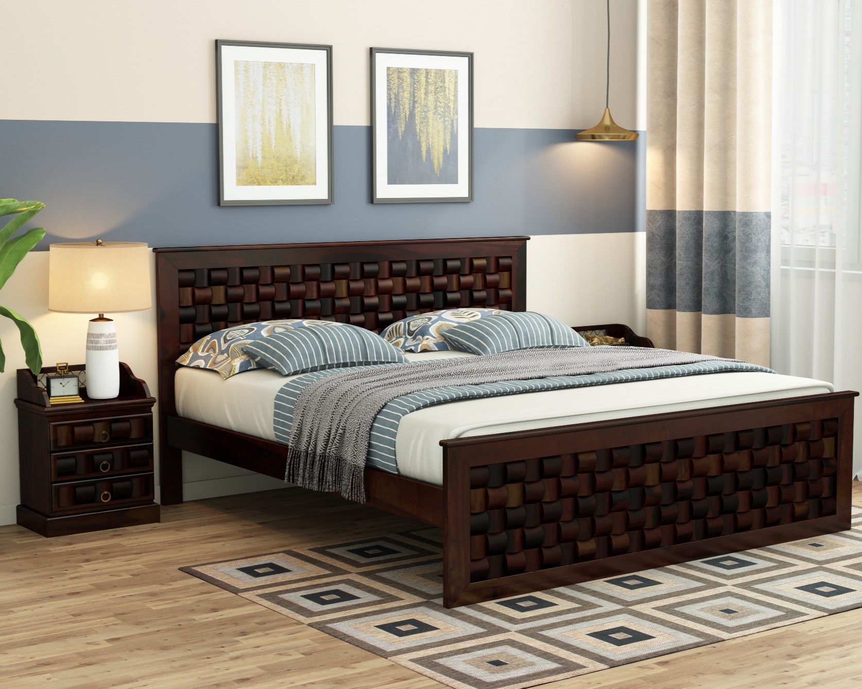 Moglis Solid Wood King Size Bed Without Storage Bed In Walnut Finish