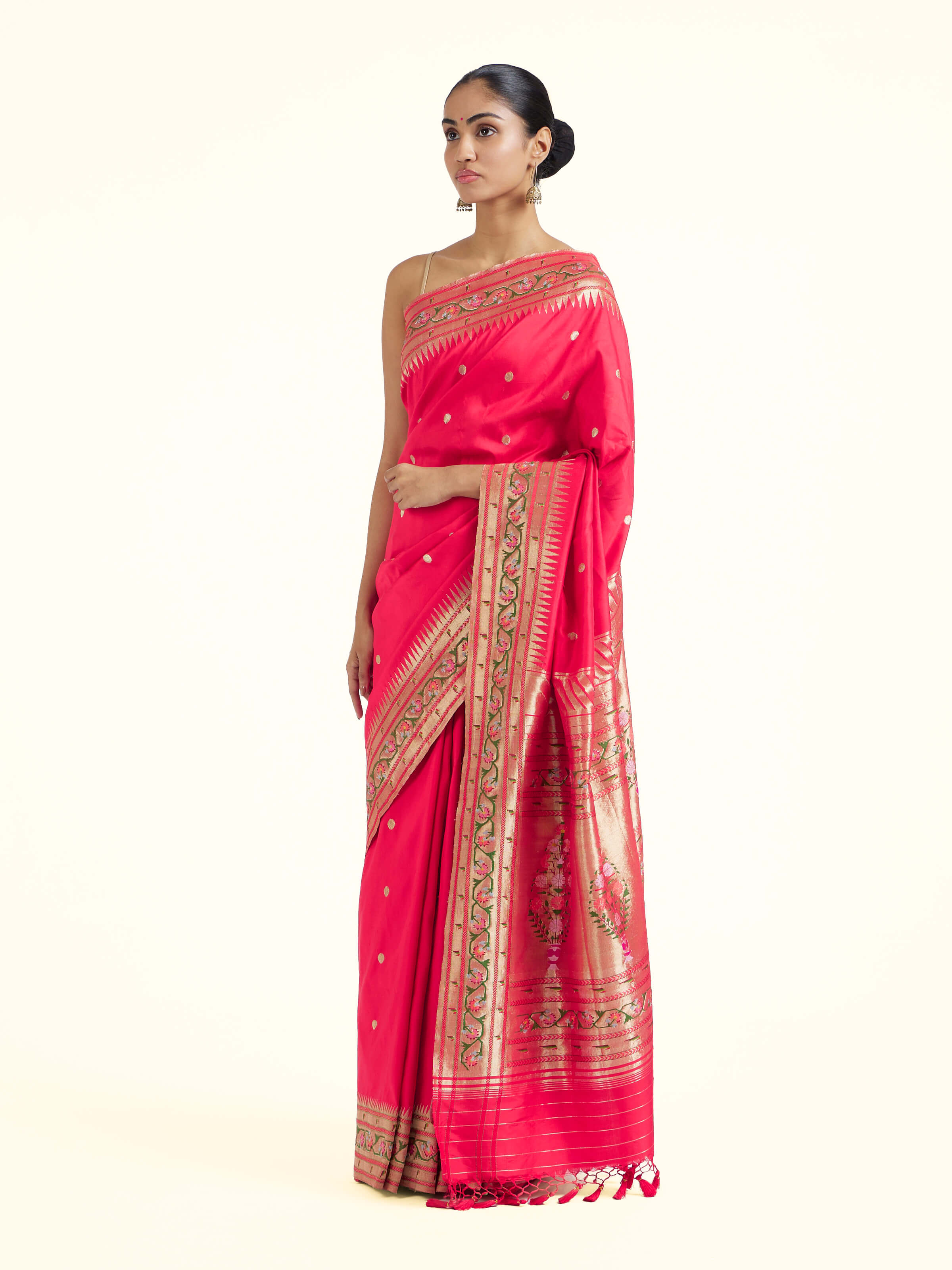 Side view of Kaashvi silk Paithani saree showcasing graceful drape