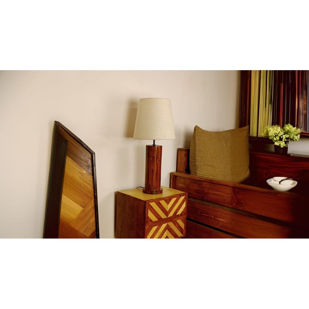 Cedar Brown Wooden Table Lamp with White Fabric Lampshade