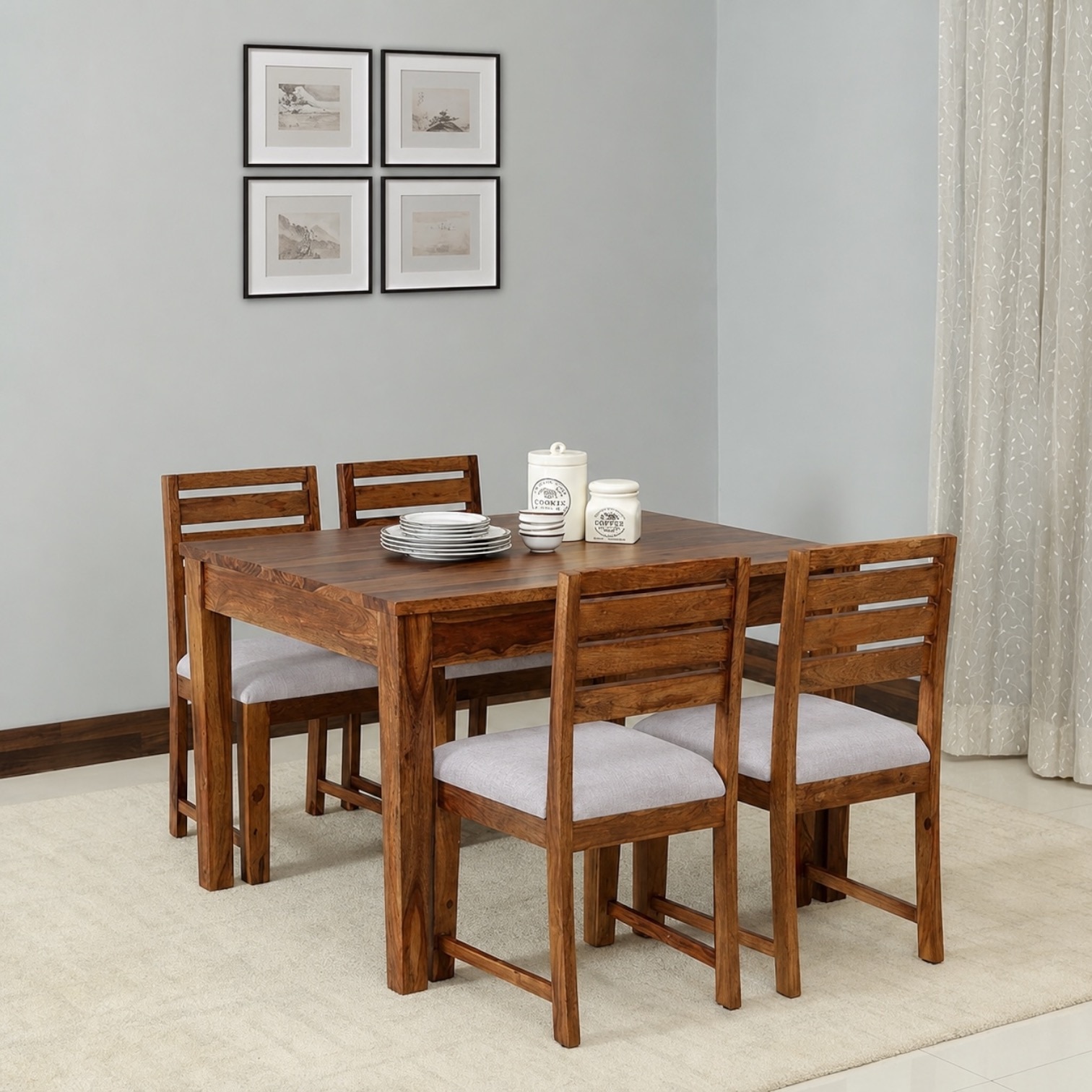Arbor 4 Seater Dining Set with Cushioned Chairs in Ice Blue Colour - Interior Valley