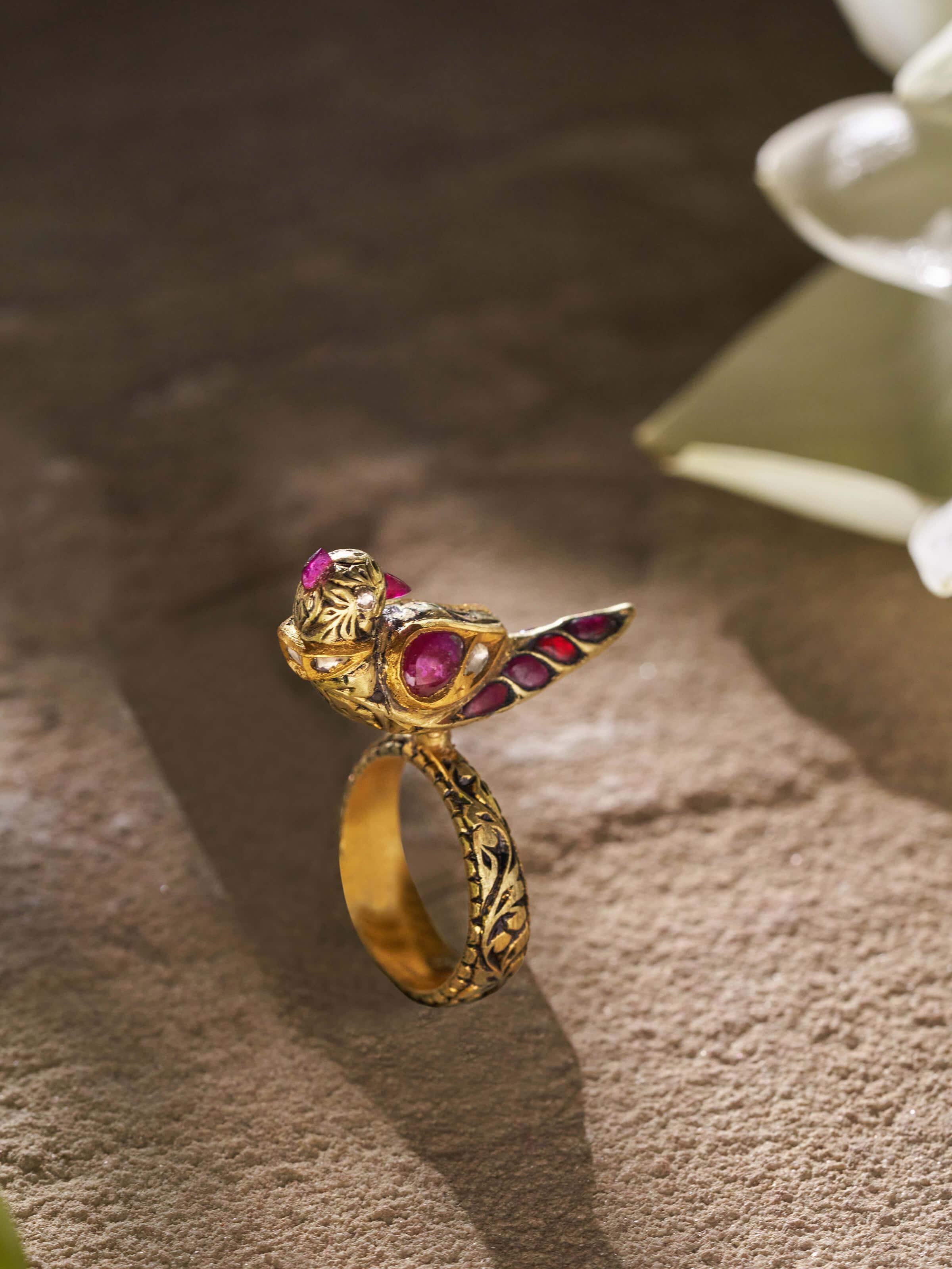 Close-up view of Partash 18 Karat gold ring highlighting its intricate details and finish.
