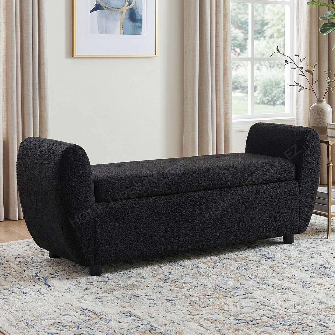 Redol Boucle 2 Seater Ottoman Bench with Storage  in Black Color - Home Lifestylez