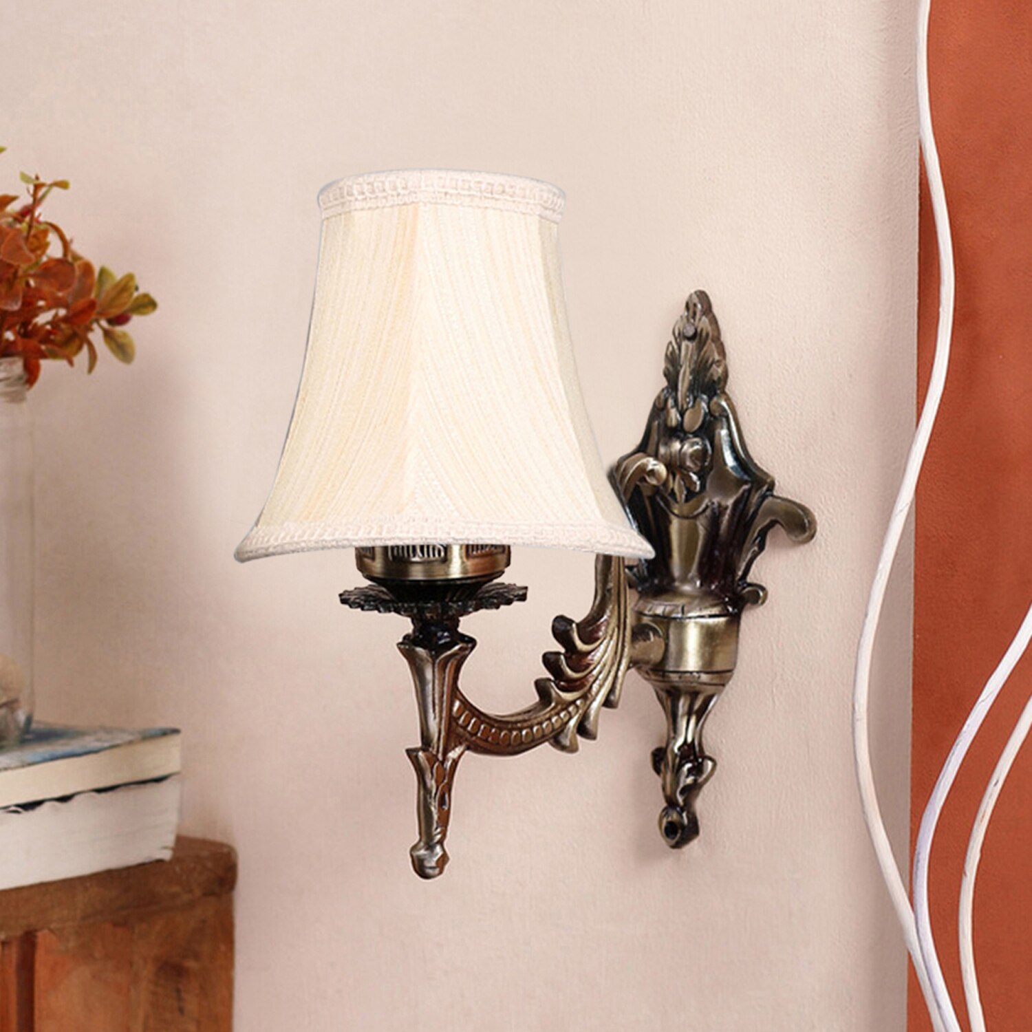 Devansh Gold Antique Wall Mounted Lamp With Off-White Cotton Shade