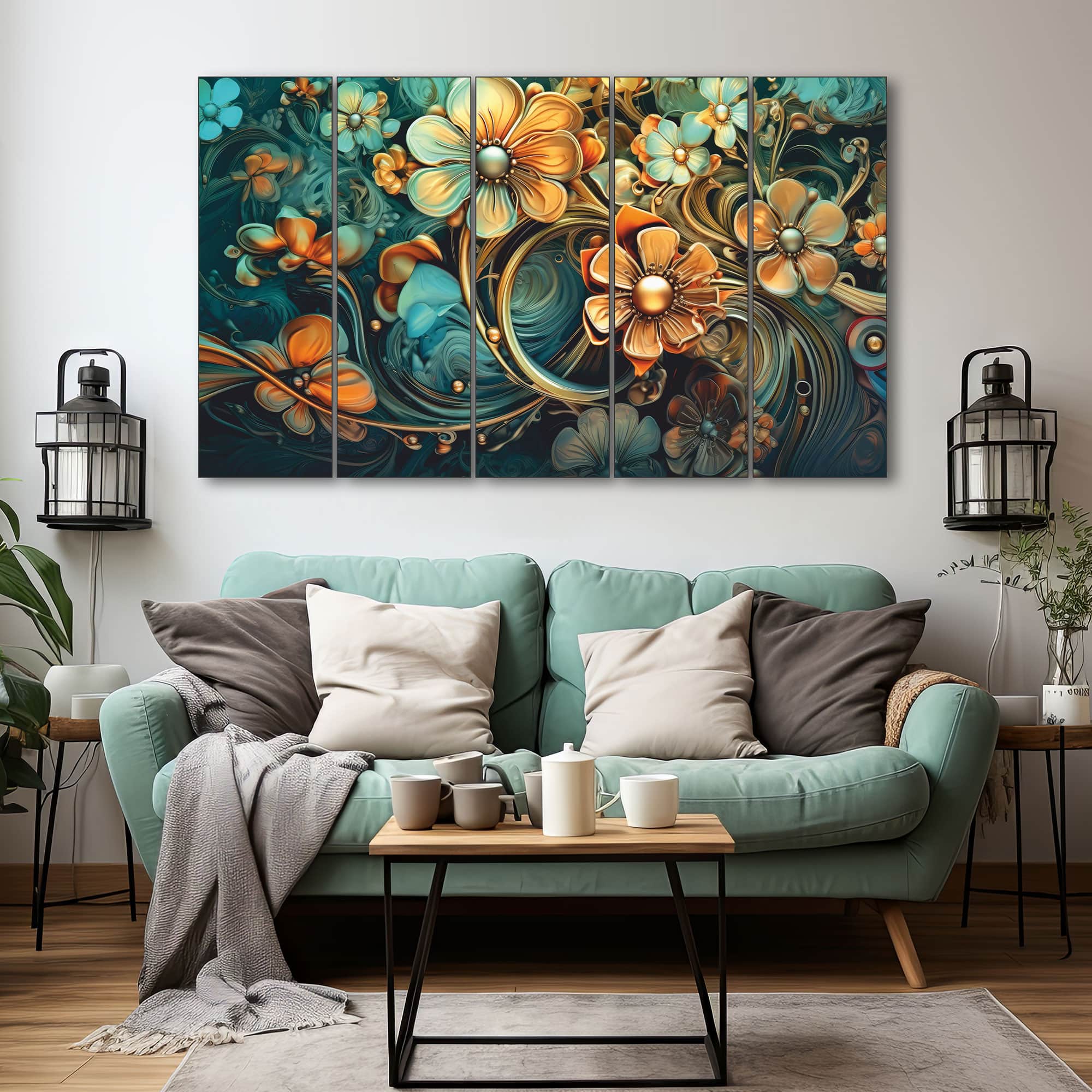 The Castle Decor Multicolour Flower Wall Art Set of 5 Wooden Framed Painting 27x48 Inch (Style 1) - The Castle Decor