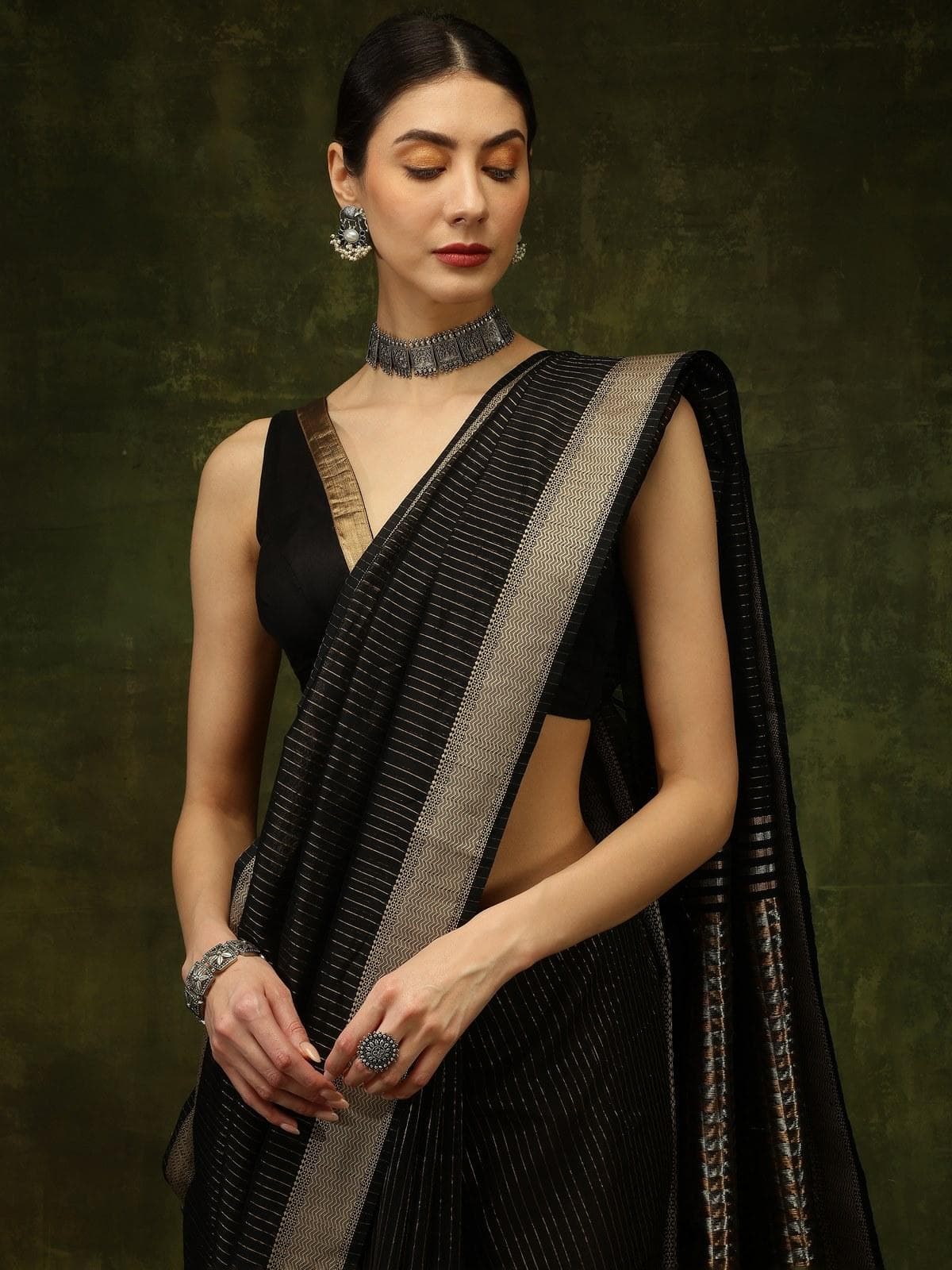 Black Cotton Silk Maheshwari Saree