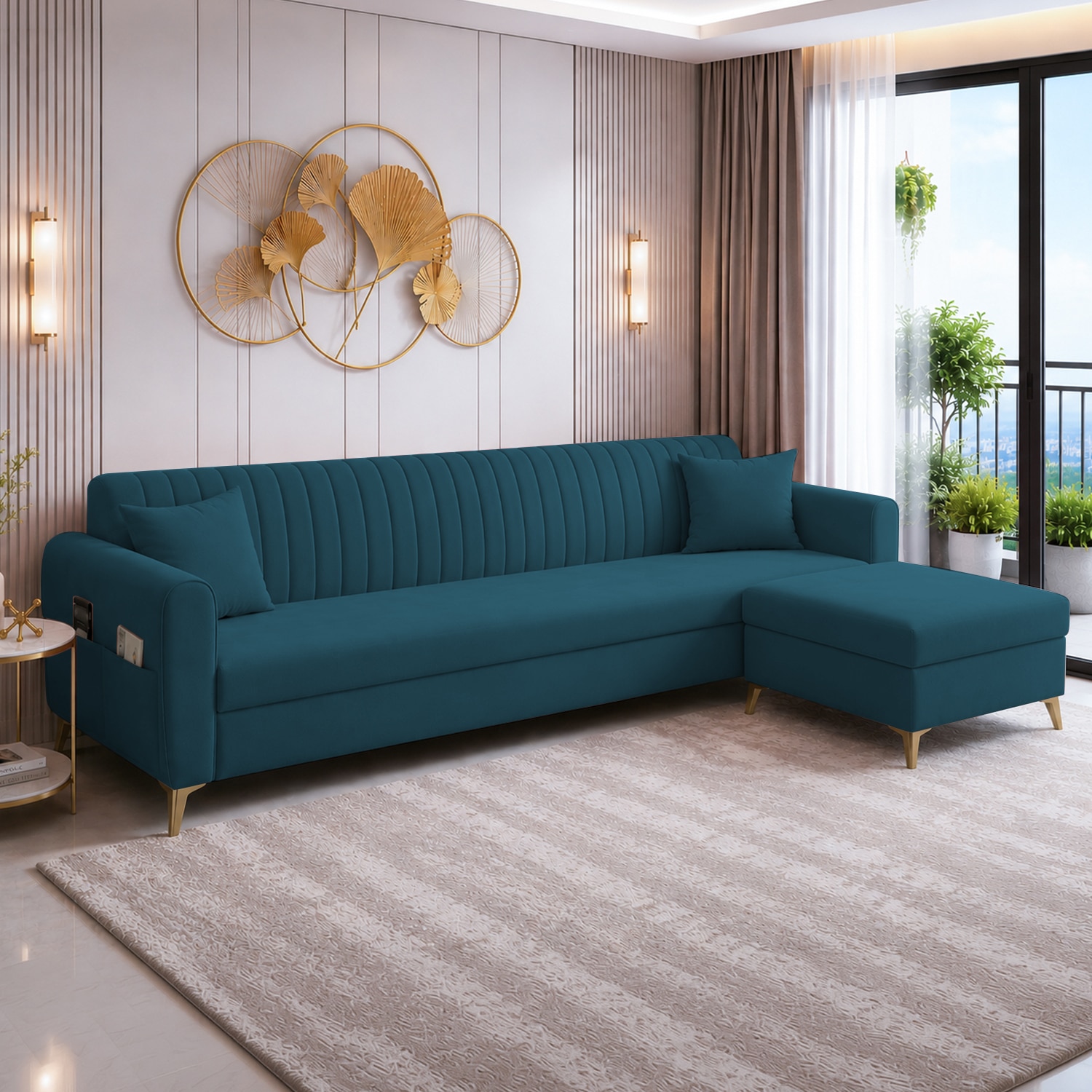 Daraco Velvet L shape 5 Seater Sofa in T Blue Color - Home Lifestylez