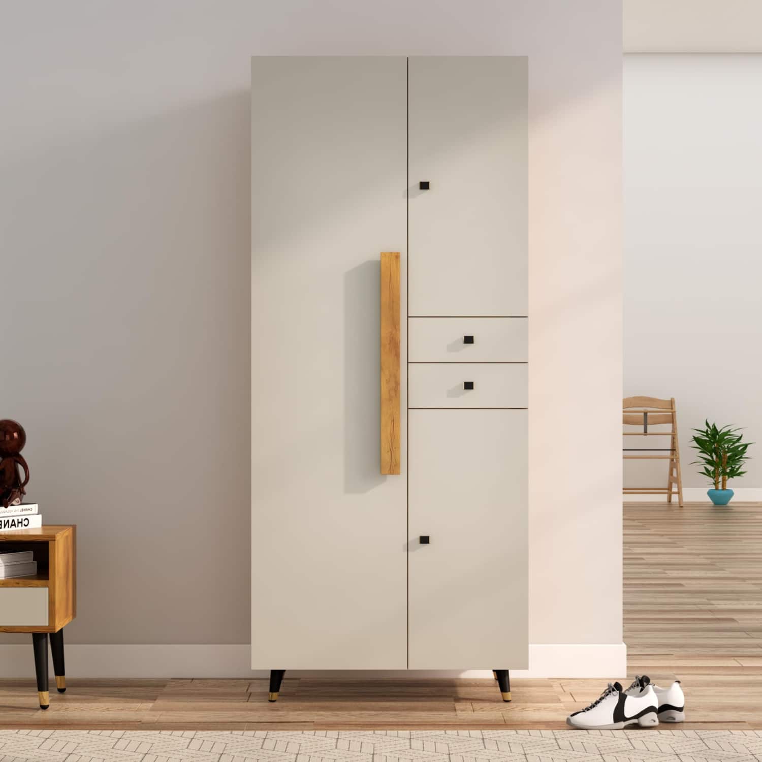 Hexa Red Wooden 2 Door Wardrobe with Drawer and Hanging Space in Giant Wood and Frosty White Colour - HexaRed