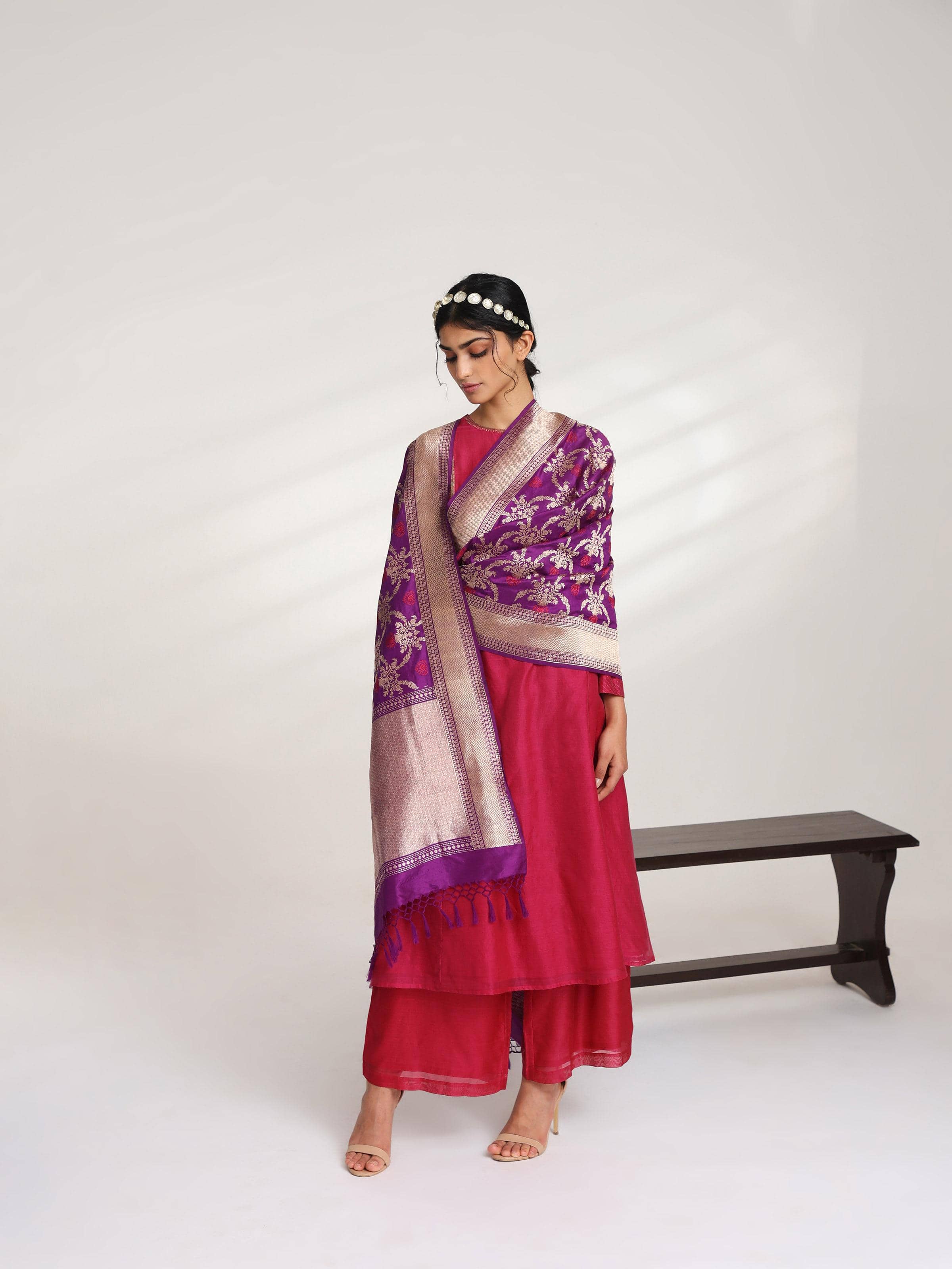 Purple Banarasi Silk Kadwa Jaal Handwoven Dupatta