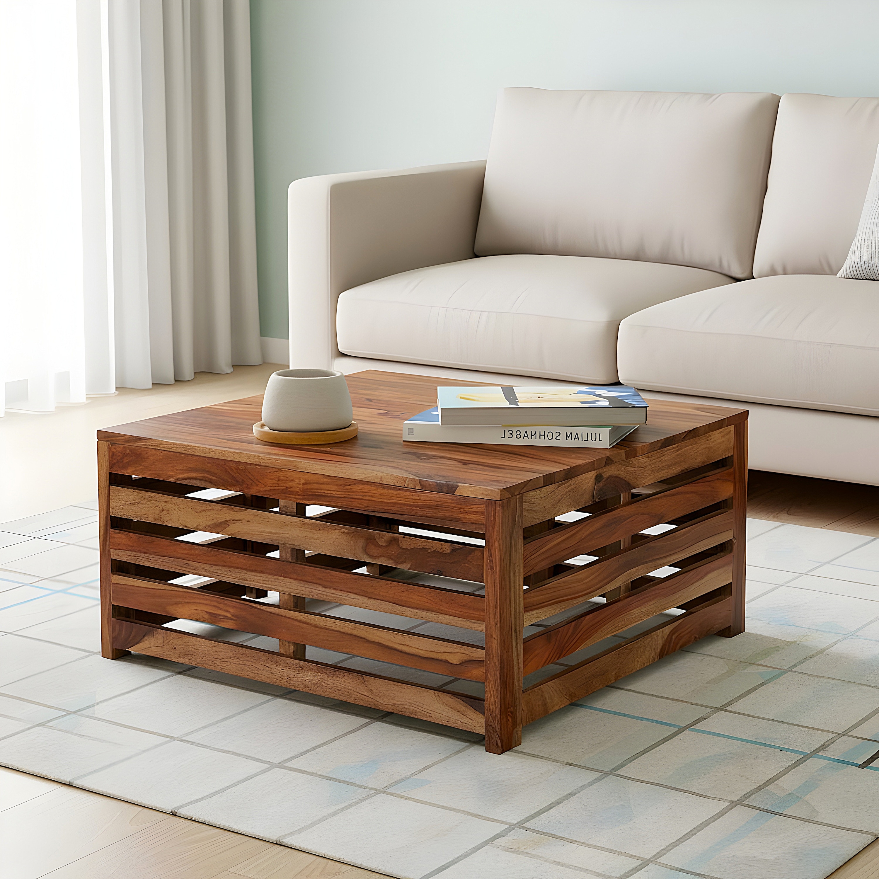 Kingsville Sheesham Wood Contemporary Square Coffee Table In Natural Teak Finish