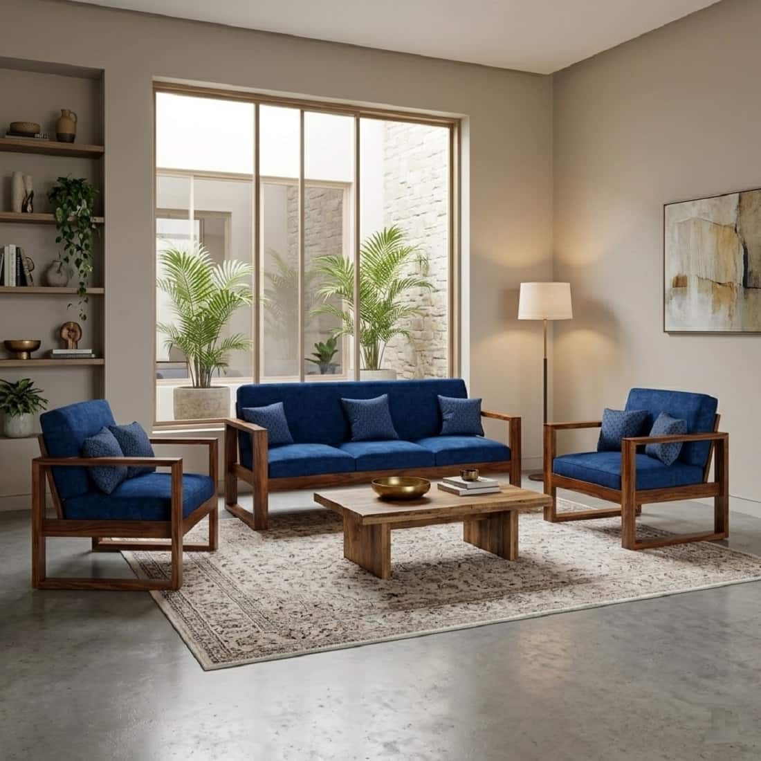 Samar Solid Wood 5 Seater Sofa Set With Cushion In Provincial Teak Finish - Demiwall