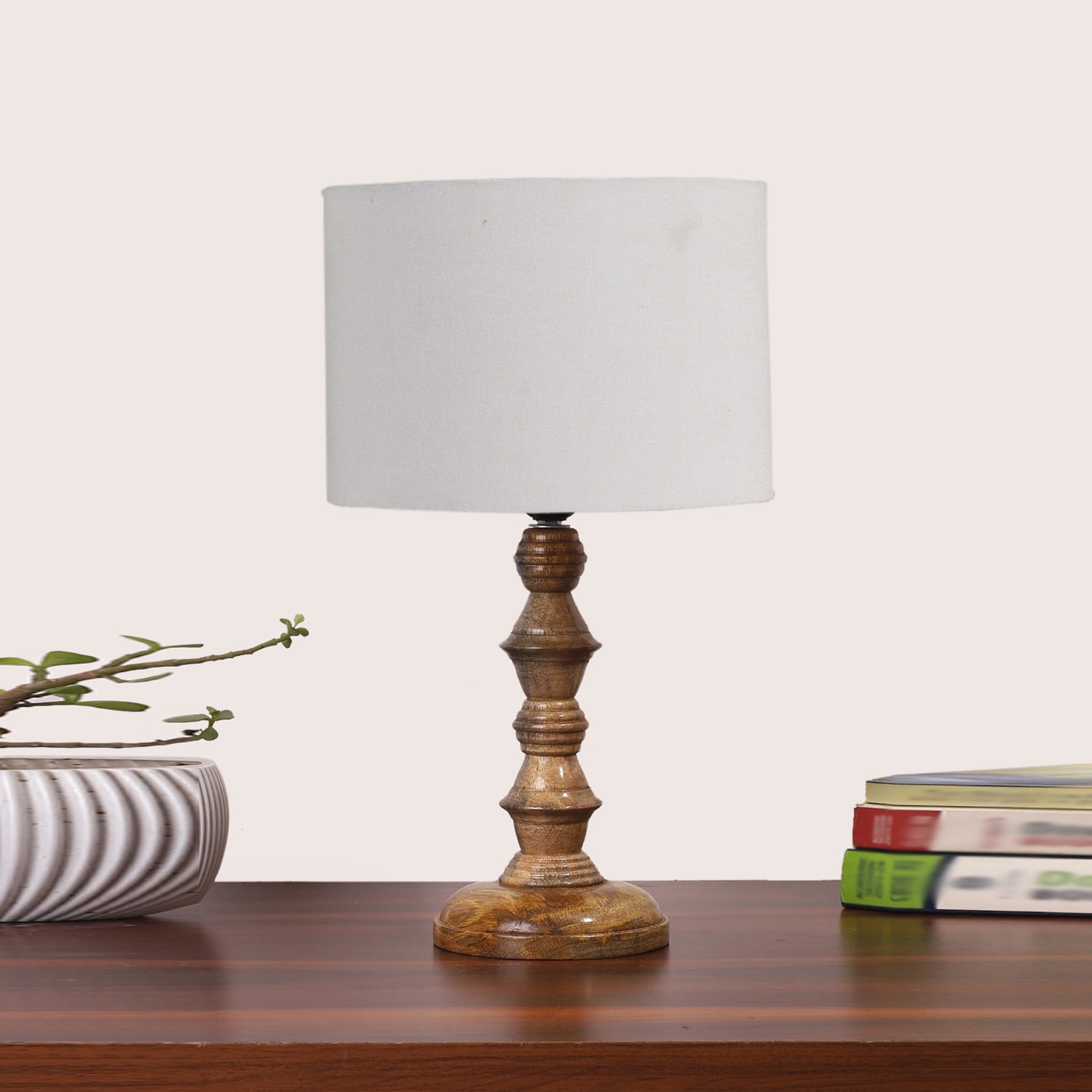 Devansh Grey Cotton Table Lamp With  Wood Natural Base (7X7X15.5 Inches)-7 - Devansh