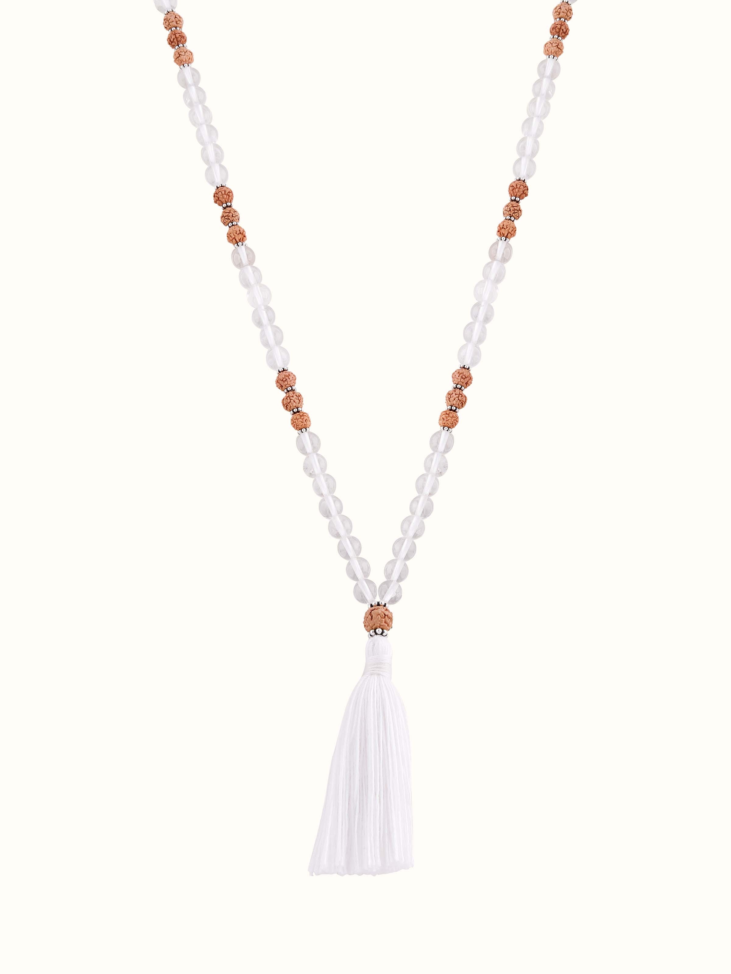 Front view of Rudraksha & Sphatik Silver Mala, highlighting the contrasting natural elements and polished silver finish