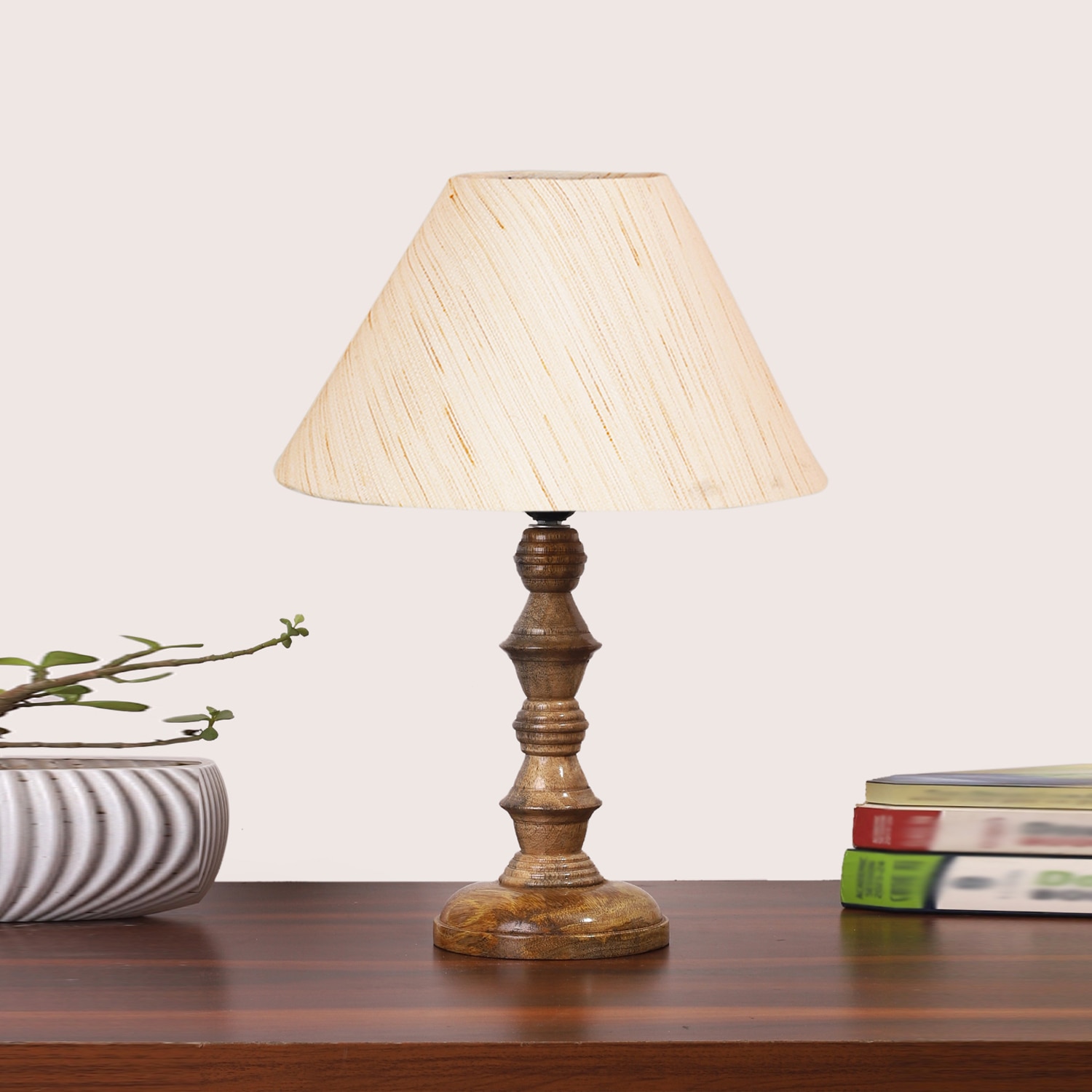 Devansh Off White Cotton Table Lamp With  Wood Natural Base (10X10X16) Inches)-27