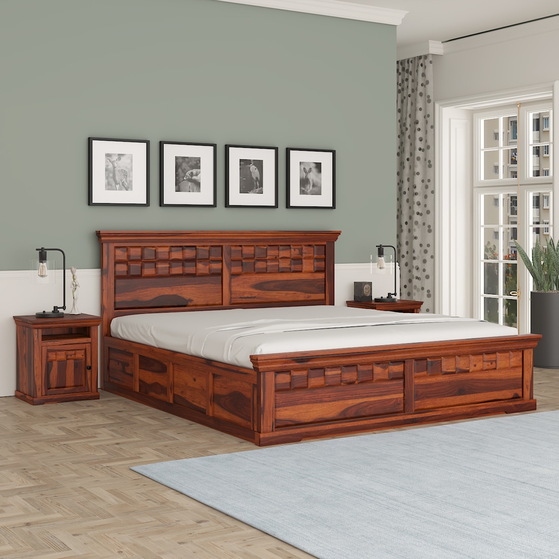 Prashiv Sheesham Wood King Size Bed In Honey Oak Finish With Hydraulic Storage (72 x 78 inches)