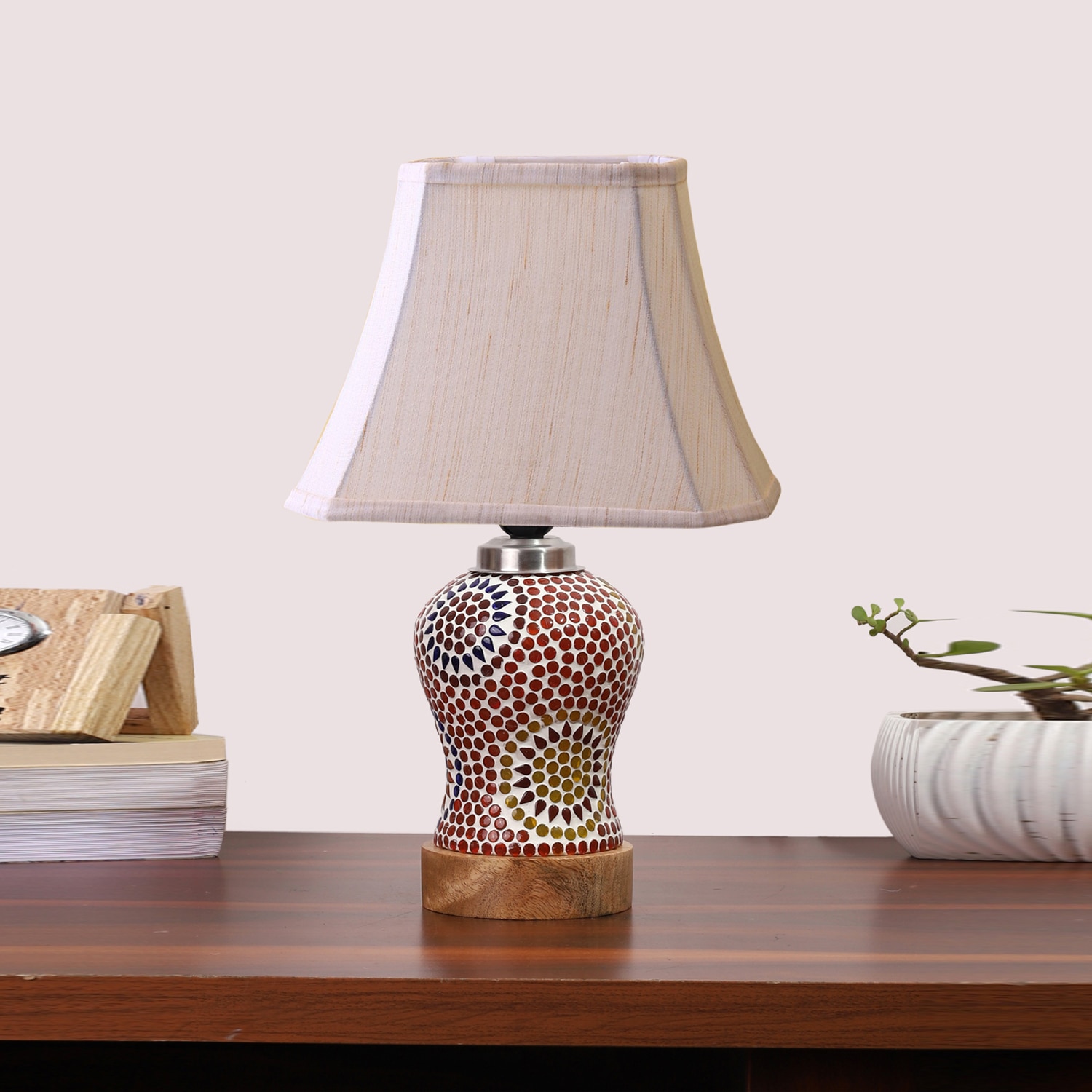 Devansh Off-White Cotton Rectangular Shade Lamp With Wood & Mosaic Glass Base For Decoration/Office/Home/Gifting/Study For Decoration/Office/Home/Gifting/Study - Devansh