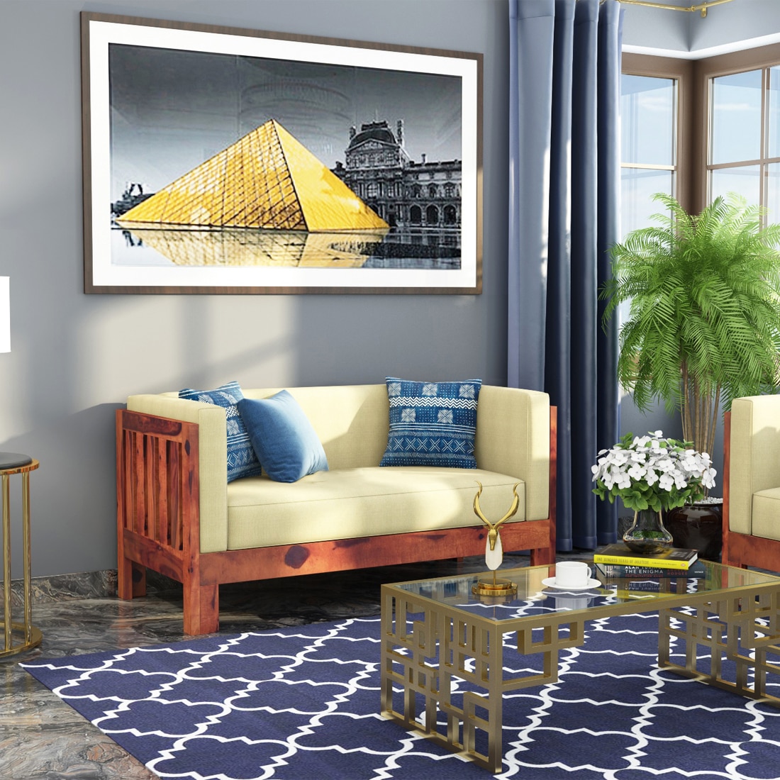 Prashiv 2 Seater Wooden Sofa (Creame Colour, Teak Finish)