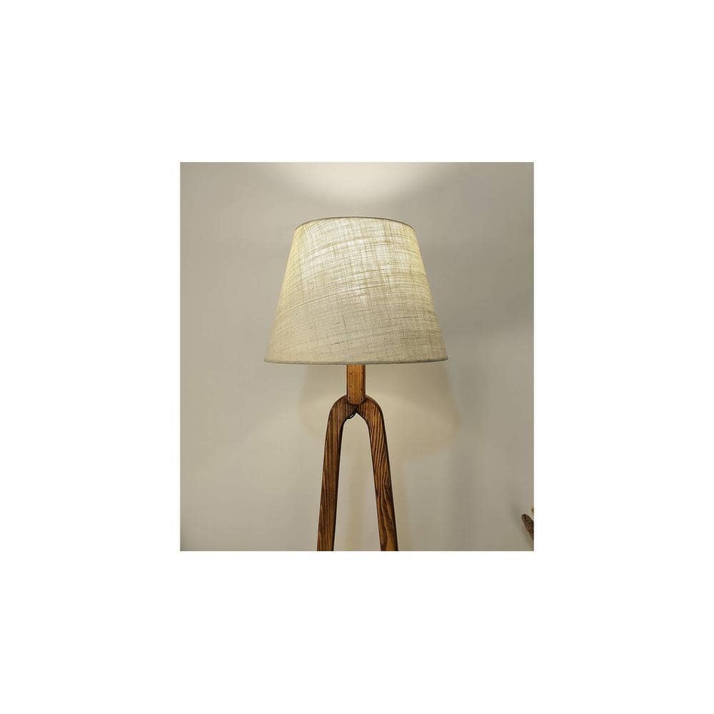Cavern Wooden Floor Lamp with Brown Base and Jute Fabric Lampshade