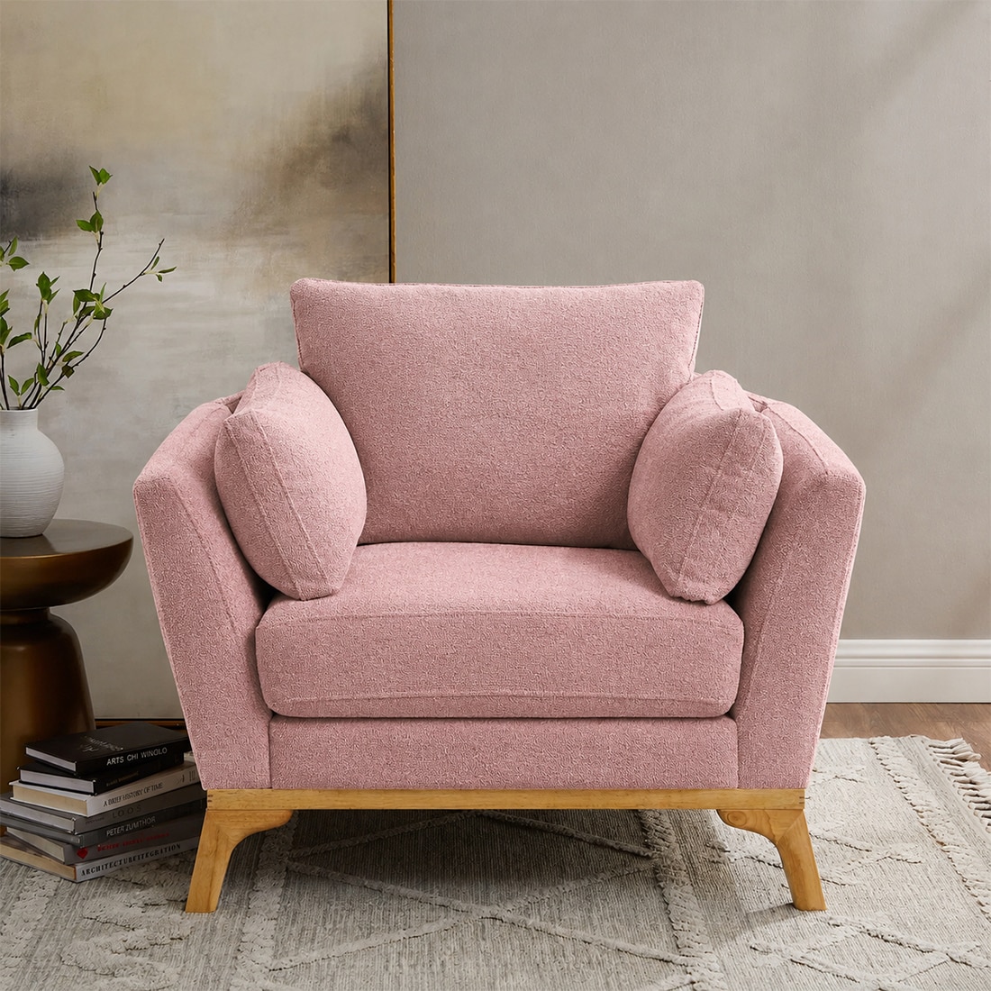 Lorentz Boucle Fabric Lounge Chair in Pink Colour - KURSIWALLAH
