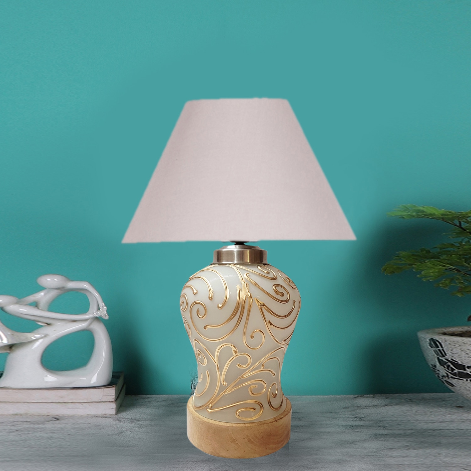 Devansh Conical  Grey Cotton Shade  Lamp With  Wood & Mosaicglass Base For Decoration /Office/Home/Gifting/Study For Decoration /Office/Home/Gifting/Study -(10X10X14.5) Inches -