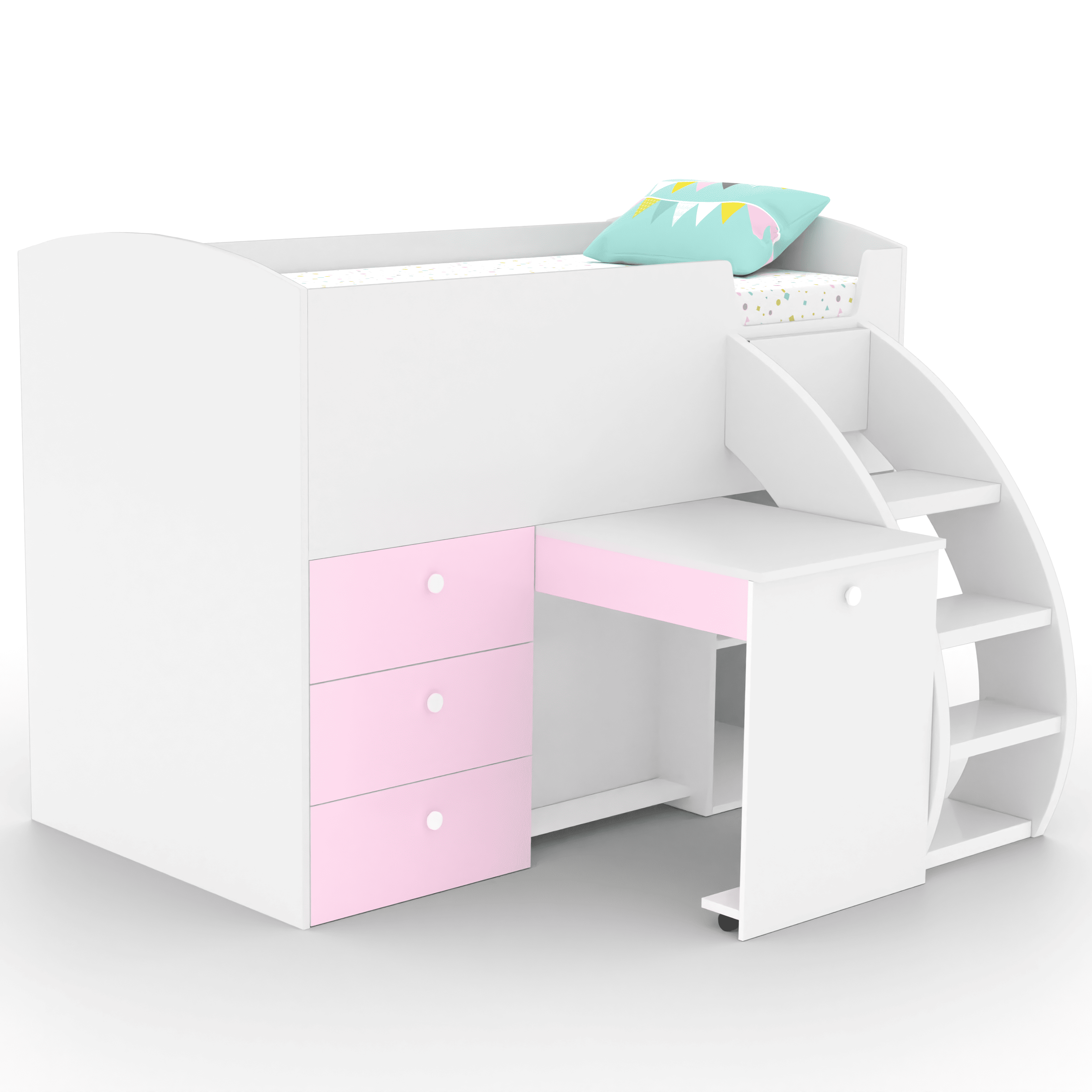 Fun House Loft Bed Ith Integrated Pull Out Desk  White And Pink In White and Pink Colour