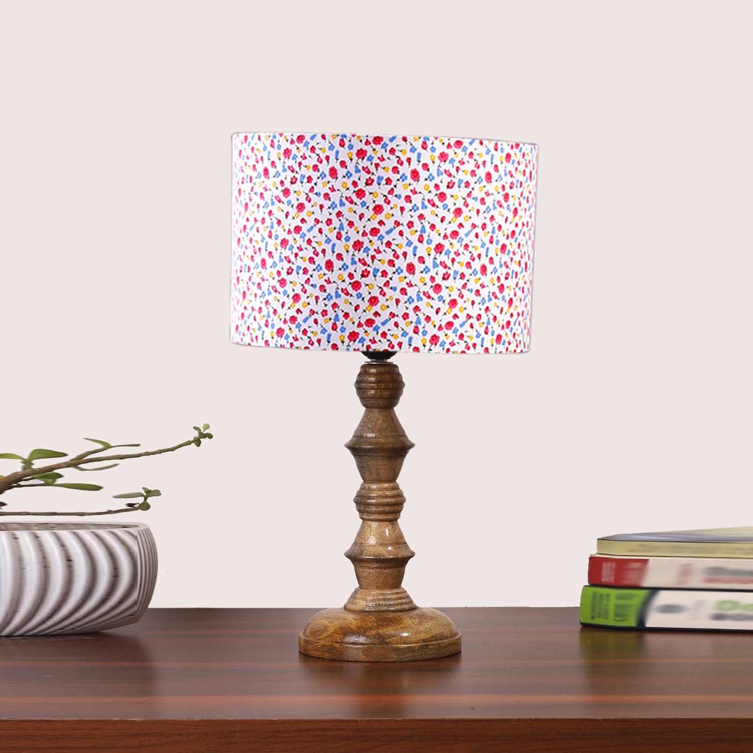 Devansh Multicolor Cotton Table Lamp With Wood Natural Base (7X7X15.5 Inches)-16